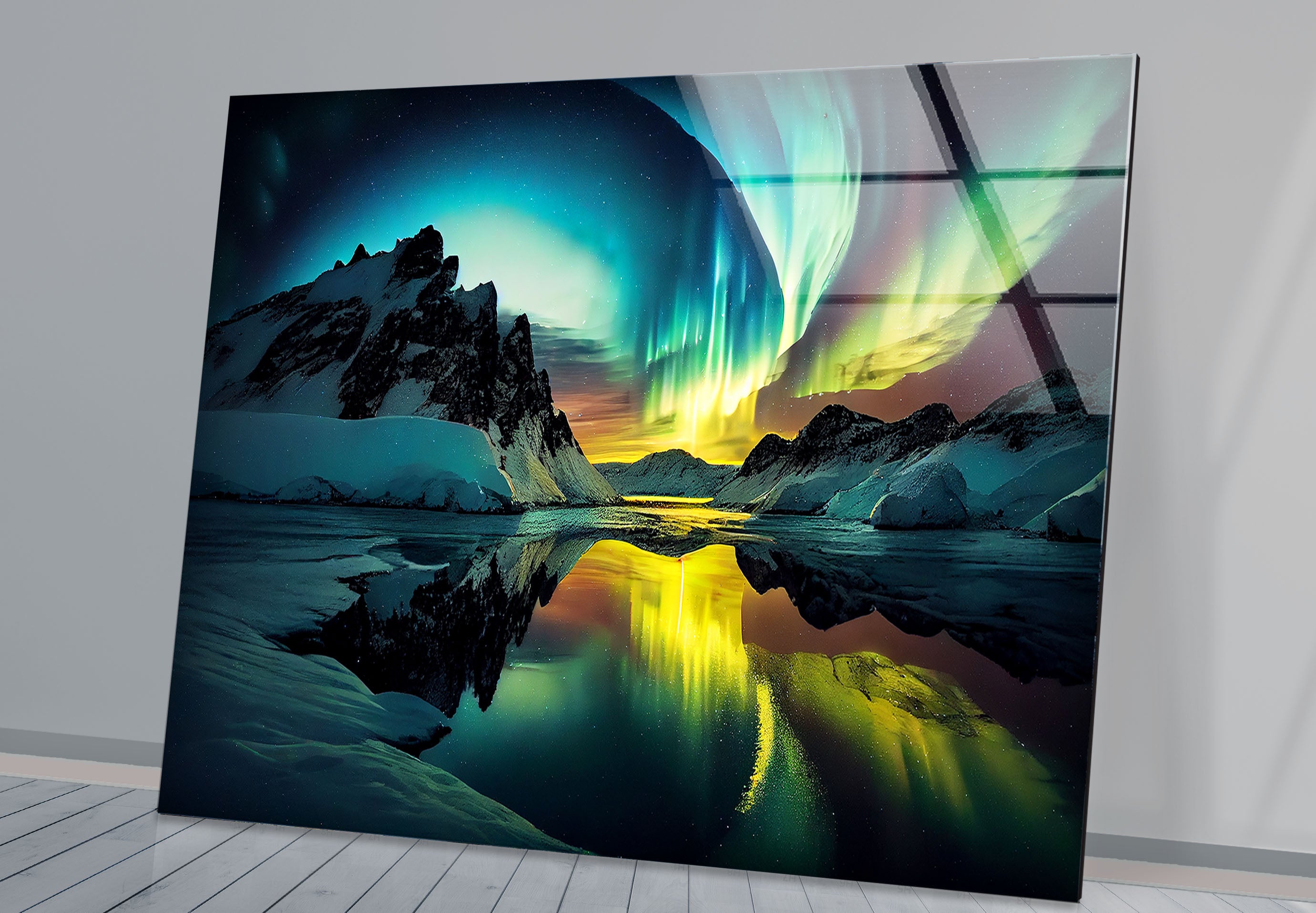 Aurora Borealis Glass Wall Art – Stunning Northern Lights Over Arctic Mountains – Perfect for Living Room, Bedroom & Office Decor