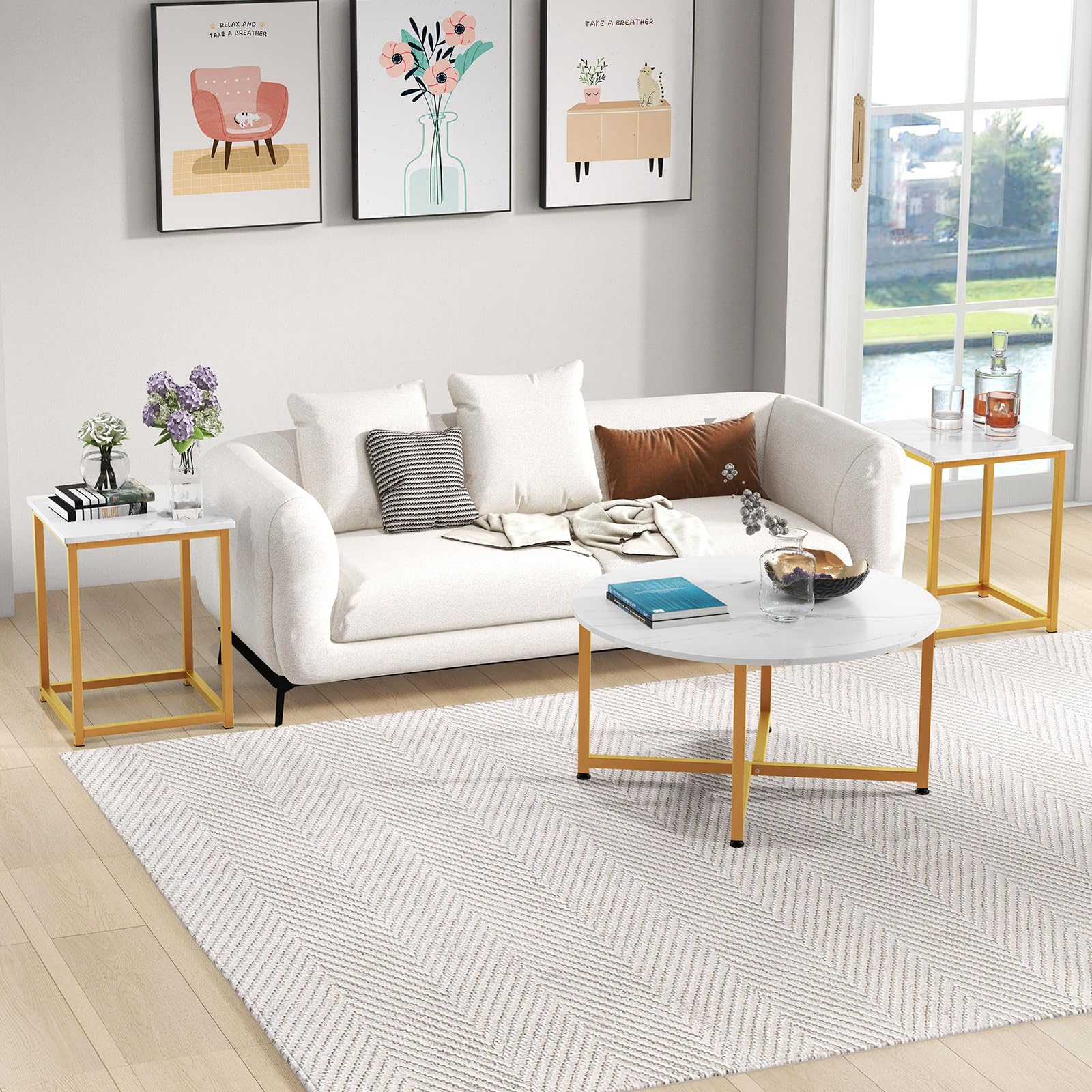 COSTWAY 3-Piece Coffee Table Set - Round Faux Marble Coffee Table & 2 Square End Tables with Sturdy Metal Frame, Modern Living Room Furniture for Small Spaces & Apartments (White & Gold) | Perfect for Compact Living Rooms, Studio Apartments & Cozy Home Decor