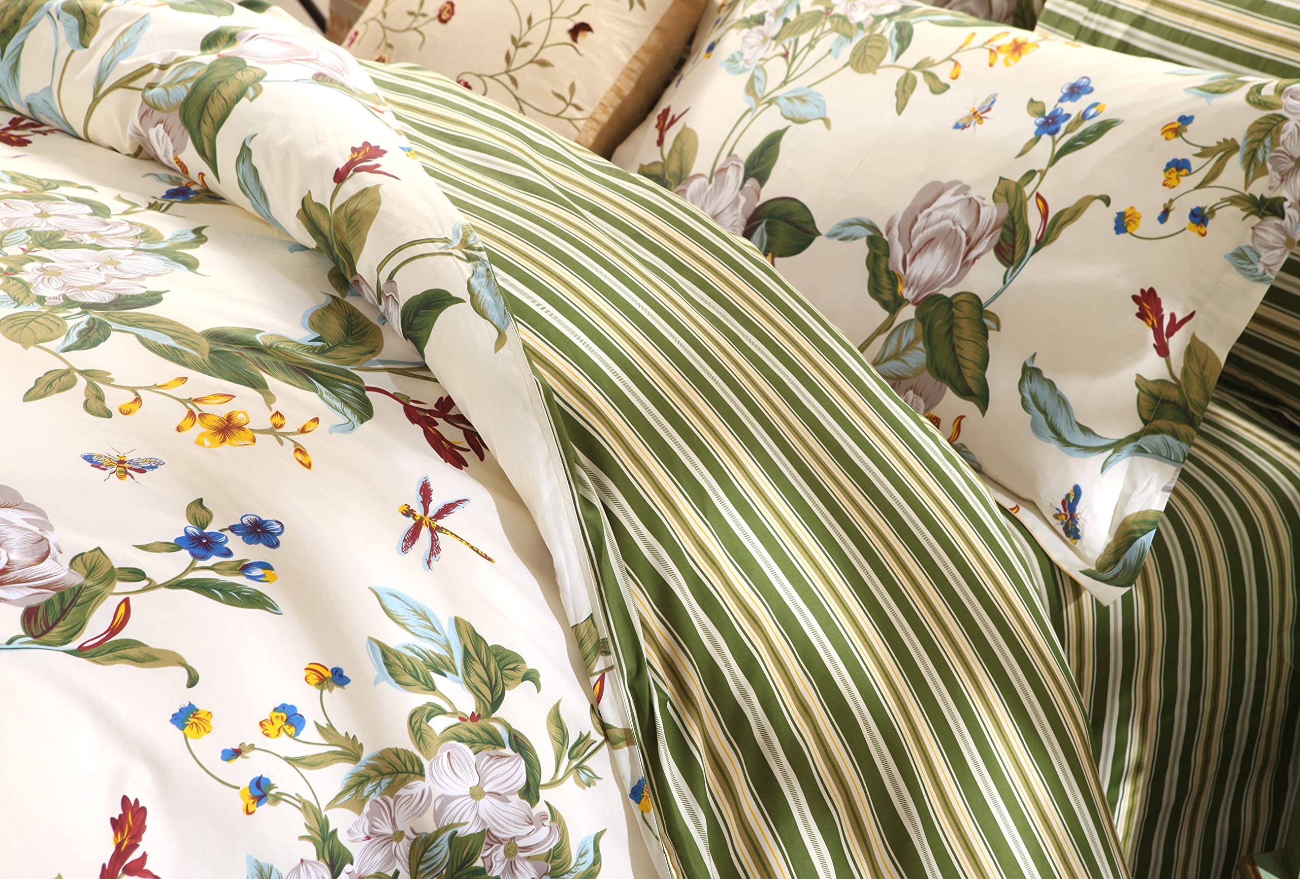 FADFAY 100% Cotton Floral Duvet Cover Set - Green Beige Striped Shabby Chic Queen Size Bedding with Deep Pocket Sheets (7-Piece Set) for Cozy Bedroom Decor & Guest Room Makeover