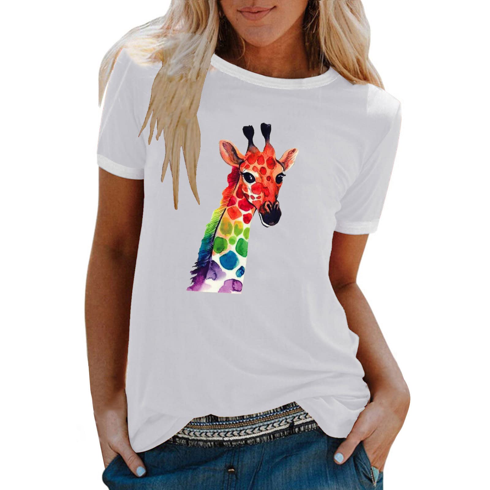 Women's Short Sleeve Crew Neck Giraffe Print Blouse - Casual & Dressy Pullover Tee Top for Work, Date Night & Weekend Outings
