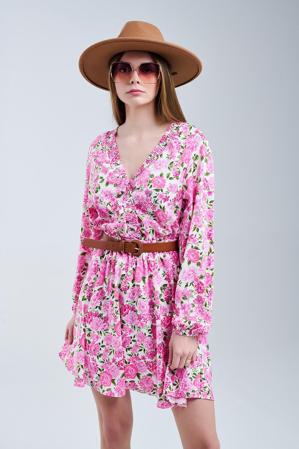 Elegant V-Neck Floral Robe with Pink Flowers and Green Accents - Perfect for Loungewear, Spa Days, and Bridal Showers