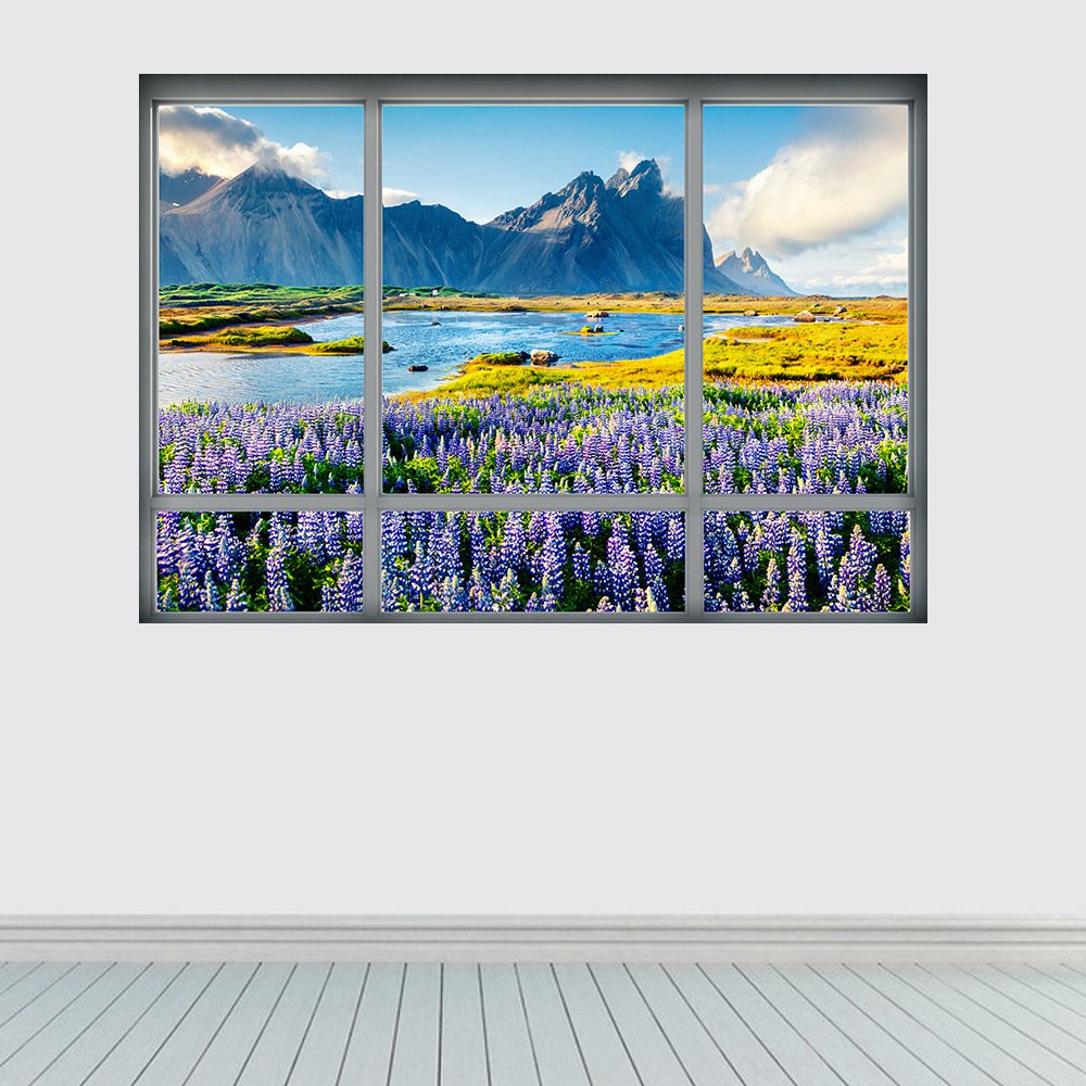 DNVEN 28x20 Inch 3D Fake Window Decal - Lavender Fields Mountain View HD Vinyl Wall Sticker for Bedroom, Living Room & Playroom | Home Decor, Office & Nursery Wall Art