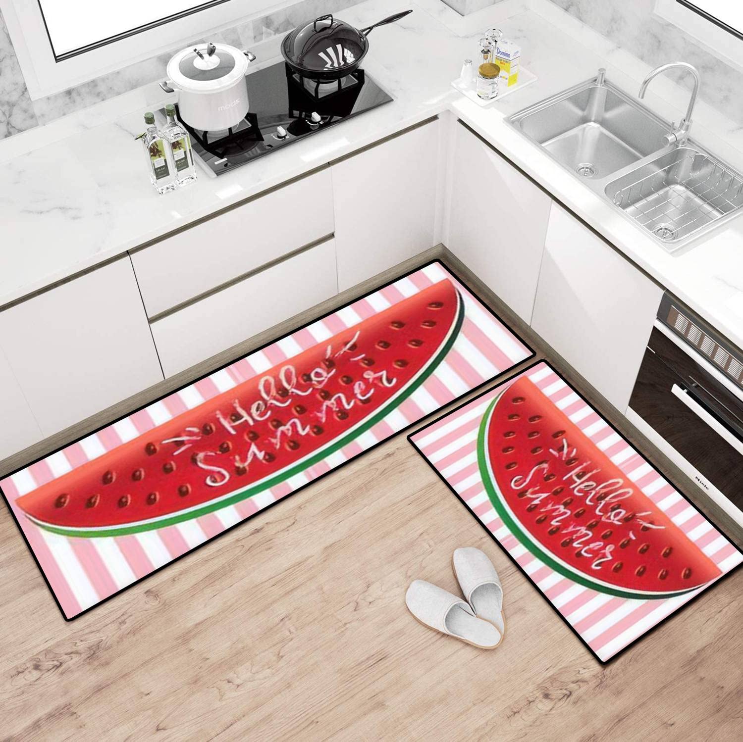 Non-Slip Washable Kitchen Rugs Set with Watermelon Print - Summer Themed Floor Mats, Runner & Doormat for Kitchen, Bathroom Decor - Perfect for Comfortable Standing & Home Decor