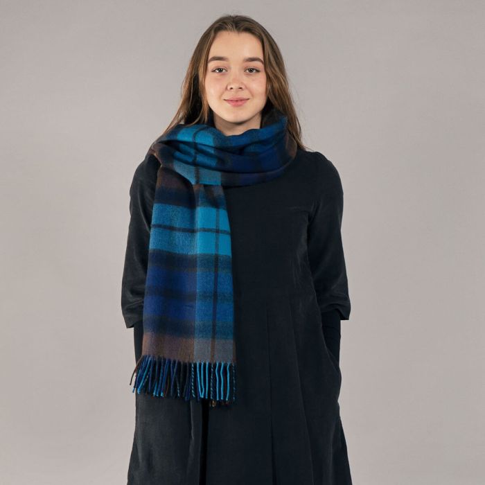 Bobbie Buchanan Blue Tartan Lambswool Scarf Wrap - Soft Warm Winter Shawl for Women, Perfect for Office, Travel and Special Occasions