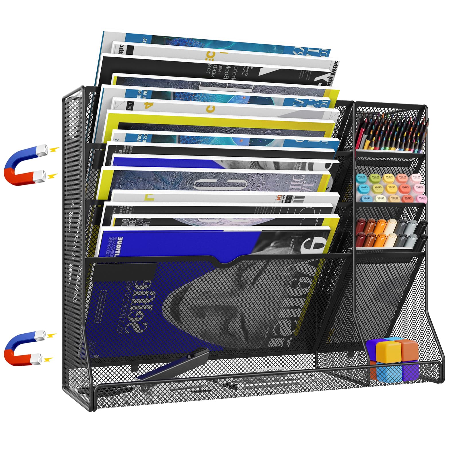 5-Tier Magnetic File Organizer with R-Shaped Bottom Tray - Hanging Mail & Document Holder for Office & Home - Includes 4 Pen Holders - Perfect for Desk Organization, Wall Storage & Paper Management (Black)