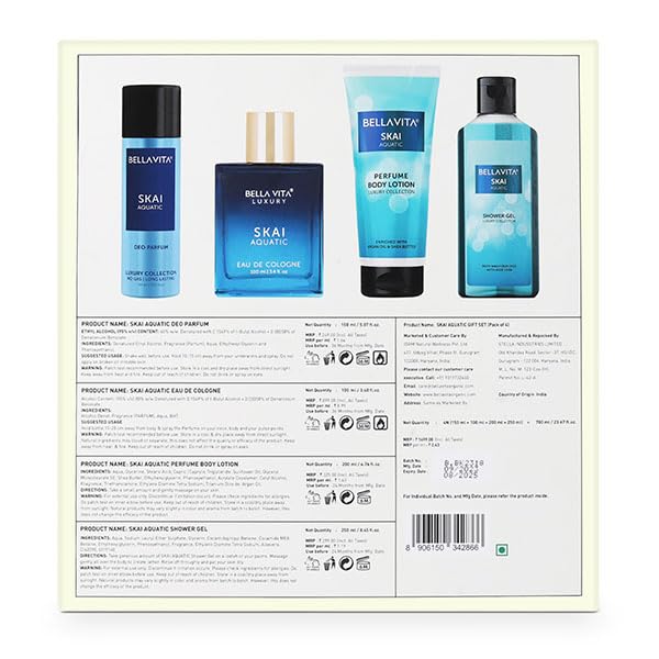 Bella Vita Luxury Skai Aquatic Gift Set - Aloe Vera Body Wash 250ml, EDC Perfume 100ml, Deodorant Body Spray 150ml & Moisturizing Body Lotion 200ml - Deep Cleansing & Long-Lasting Fragrance - Perfect for Spa Day, Romantic Gifts & Self-Care Routine