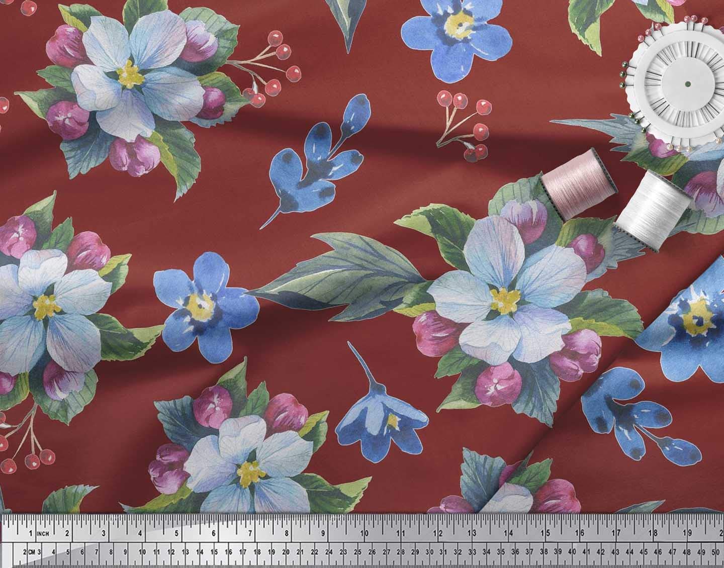 Soimoi 100% Cotton Cambric Fabric - Red with Leaves & Lavender Blue Floral Print - 42
