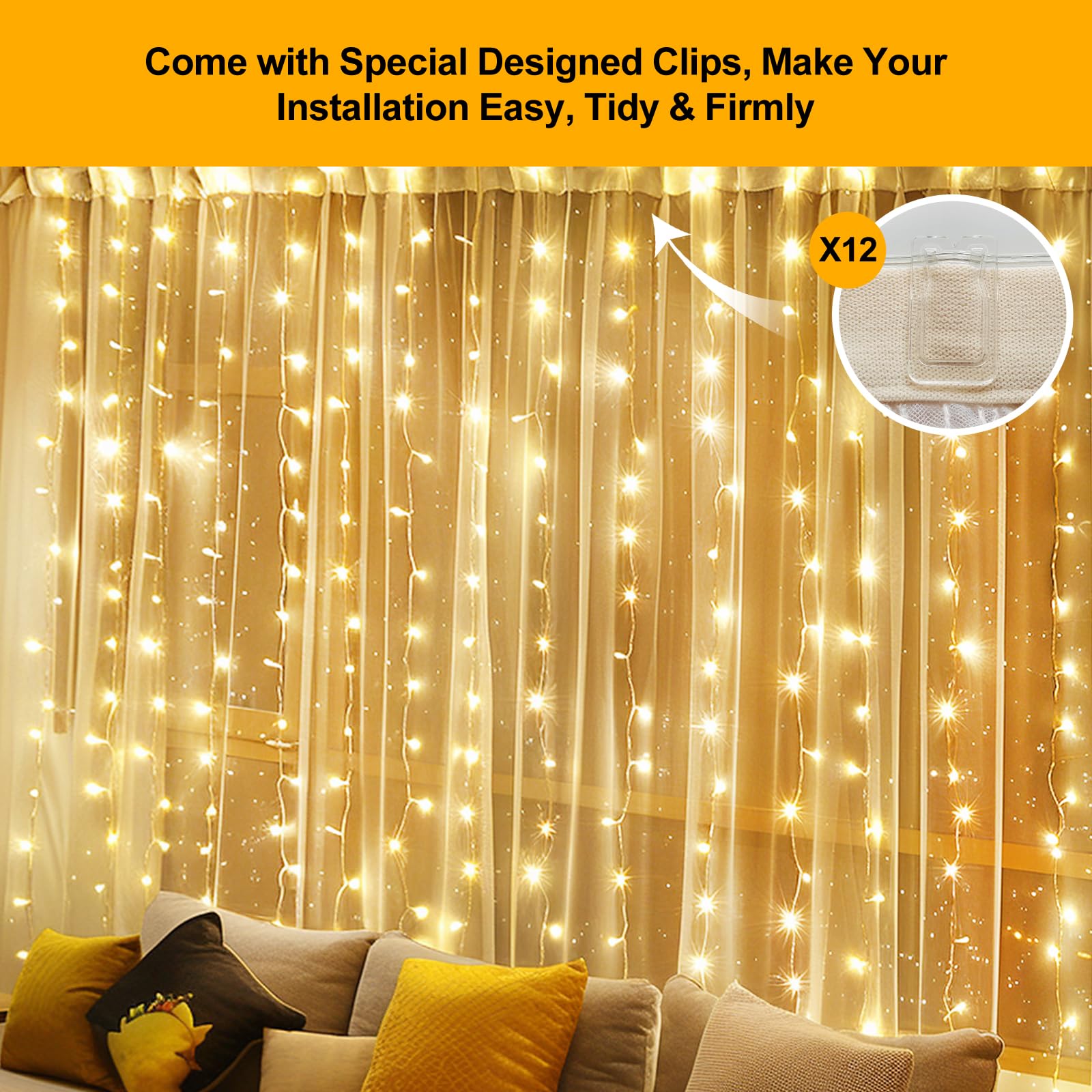 300 LED Fairy Curtain Lights - 9.8 x 9.8FT Warm White USB String Lights with Remote Control (8 Lighting Modes) for Christmas Decorations, Bedroom, Wedding, Party & Outdoor Use - Indoor/Outdoor Waterproof Hanging Lights for Home, Garden, Patio and Special Events