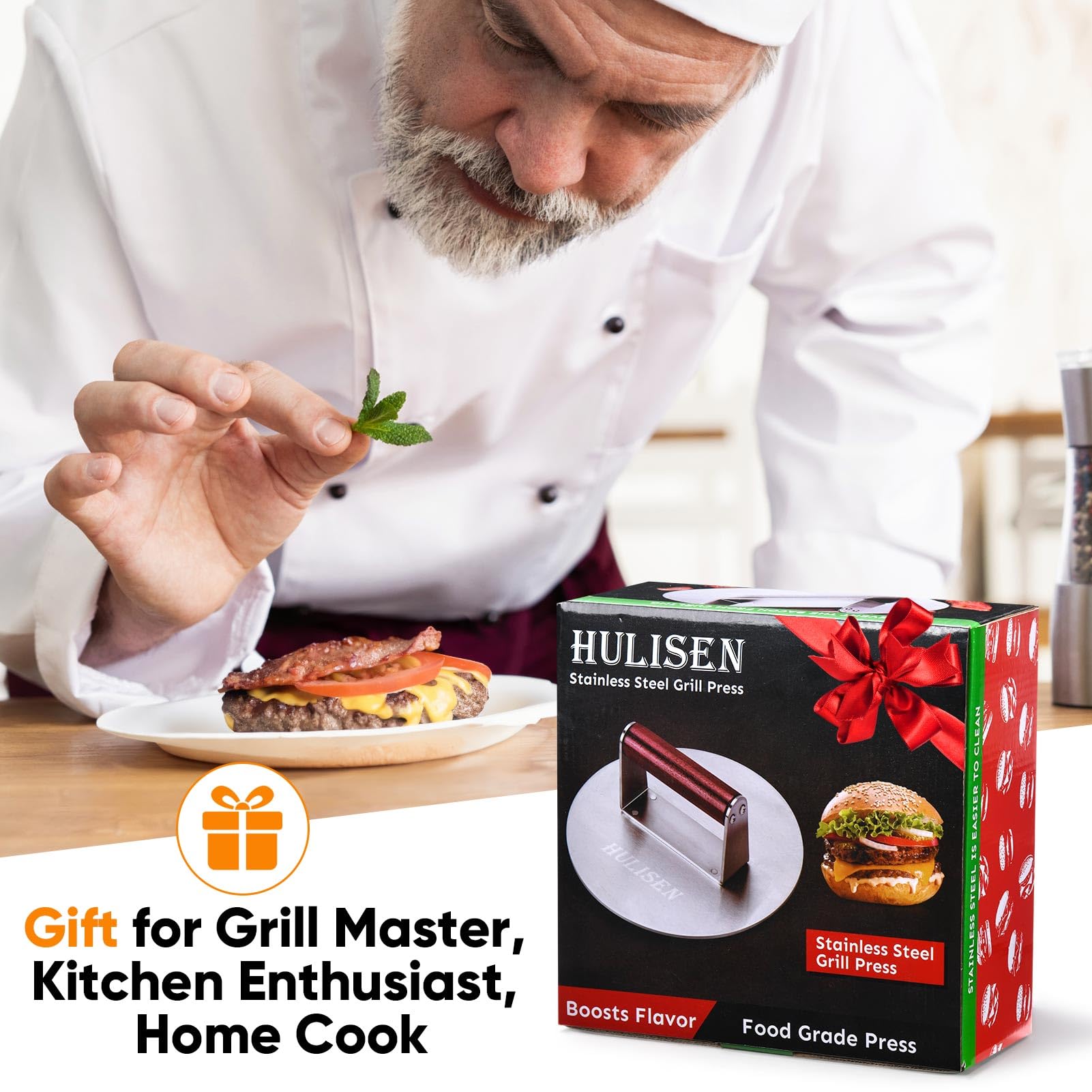 **HULISEN 8.5-Inch Heavy Duty Stainless Steel Burger Press – 2.5 lbs Bacon & Grill Smasher with Wood Handle – Perfect for Hamburgers, Steaks & BBQ – Ideal for Grilling, Smashing Patties & Cooking on Griddles**