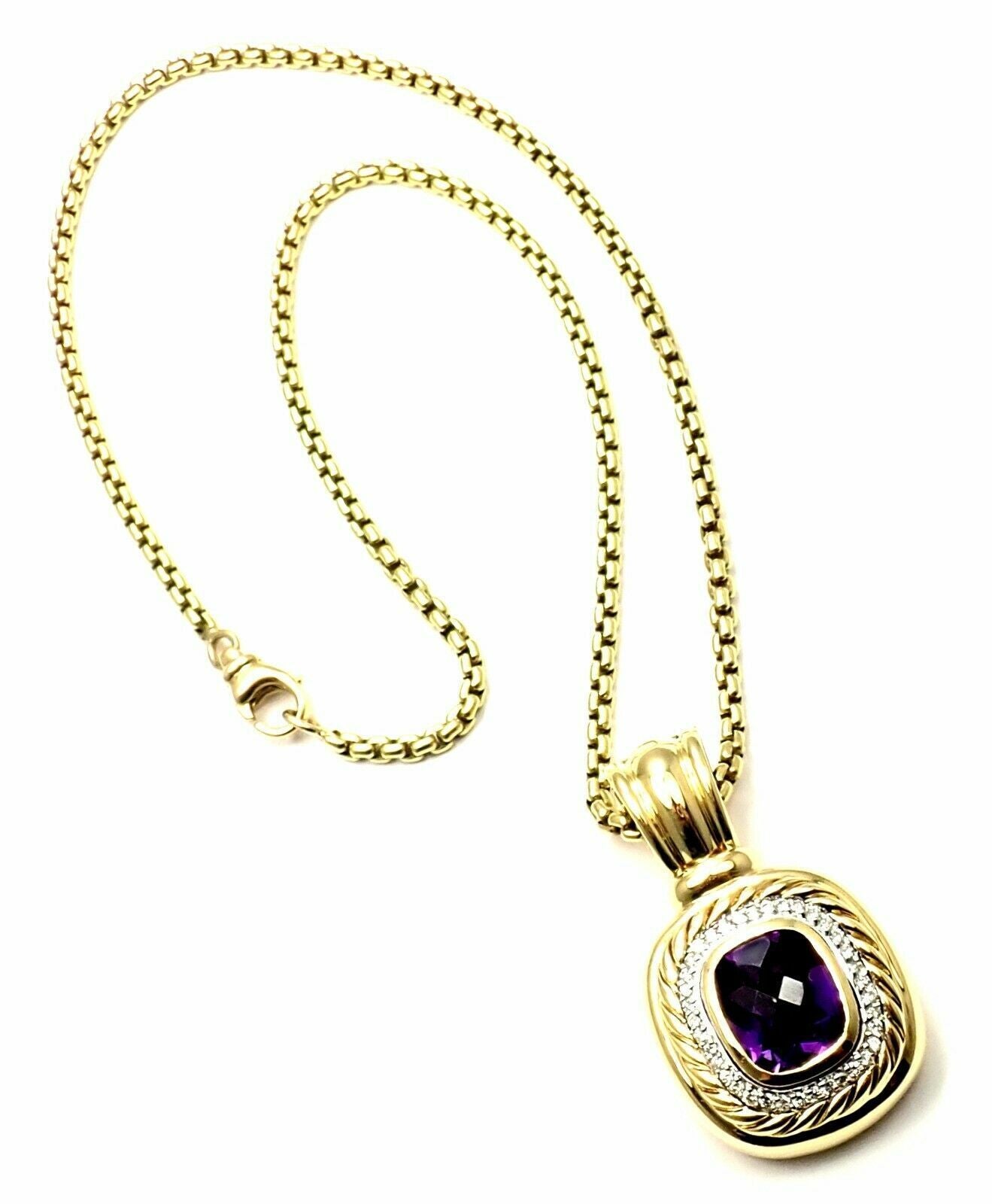 David Yurman 18K Yellow Gold Cable Necklace with Amethyst and Diamonds - Elegant Large Pendant for Women, Perfect for Weddings, Parties & Special Occasions