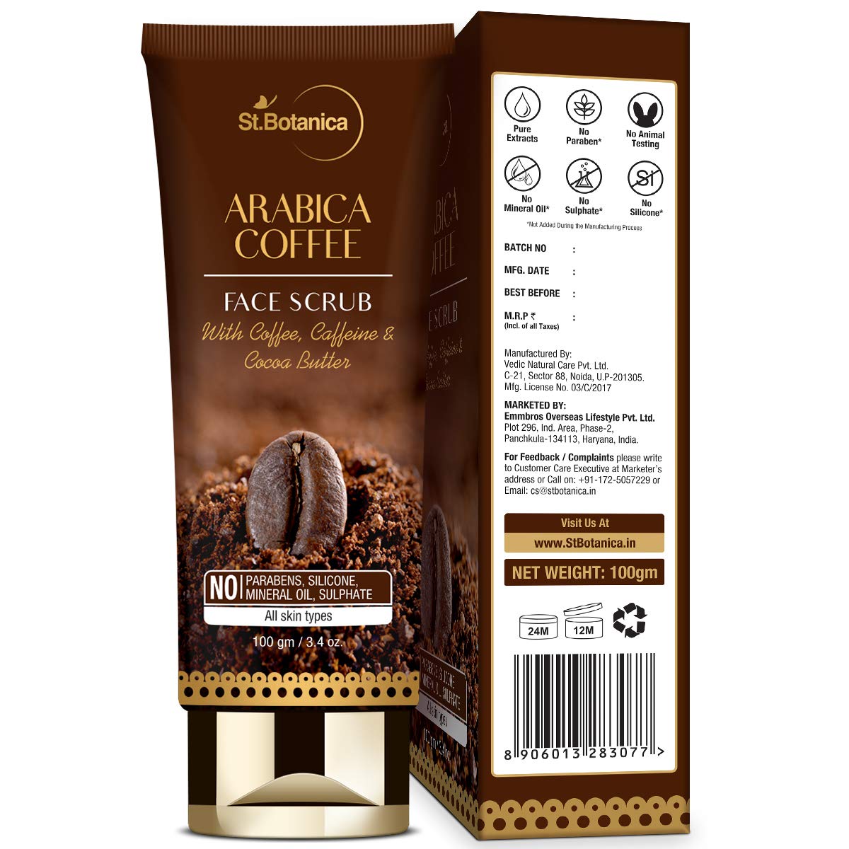 StBotanica Arabica Coffee Face Scrub 100g - Exfoliating Facial Cleanser with Coffee, Caffeine & Cocoa Butter | SLS & Paraben Free | Deep Cleansing for Glowing Skin | Perfect for Daily Skincare Routine