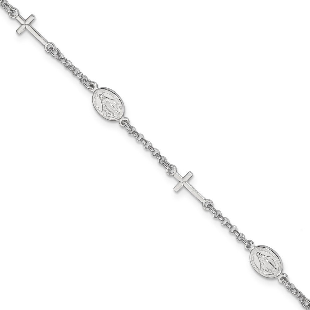 925 Sterling Silver Cross & Virgin Mary Pendant Charm Bracelet with Lobster Clasp - Religious Jewelry for Prayer & Protection - Perfect for Baptism, First Communion & Daily Faith Wear (7.5
