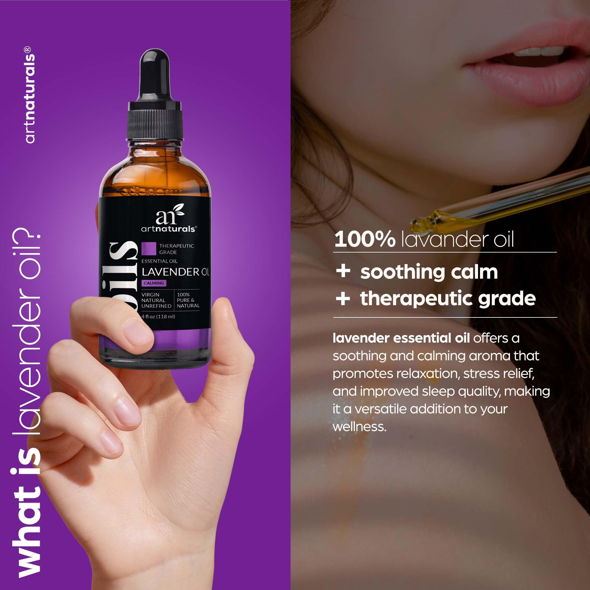 ArtNaturals 100% Pure Lavender Essential Oil - 4 Fl Oz (118ml) - Undiluted Therapeutic Grade Aromatherapy Oil for Relaxation, Skin Care & Hair Growth - Perfect for Diffusers, Massage & DIY Beauty Products