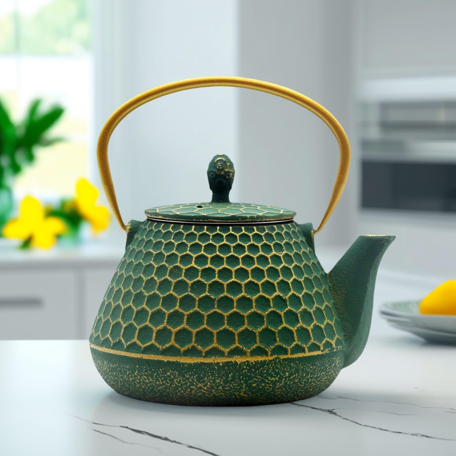 Japanese Cast Iron Tea Kettle with Enameled Interior - 34oz Tetsubin Teapot with Stainless Steel Infuser, Stovetop Safe for Perfect Tea Brewing - Ideal for Home, Office & Traditional Tea Ceremonies