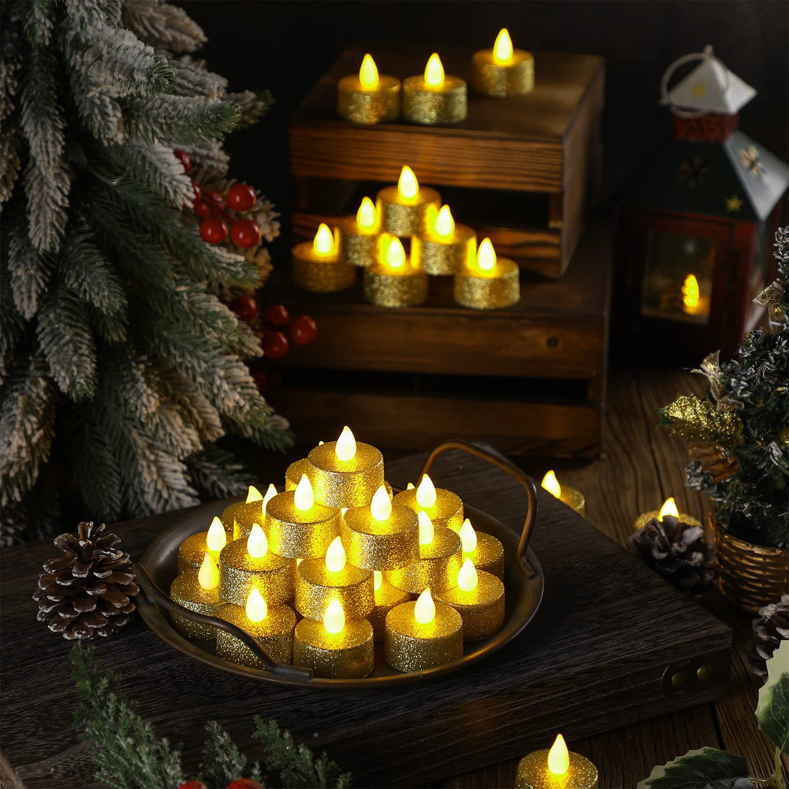72 Pcs Gold LED Glitter Votive Tealights - Flameless Battery Operated Tea Light Candles Bulk for Wedding, Anniversary & Table Decor - Romantic Flickering LED Candle Centerpieces for Home, Party & Restaurant Ambiance