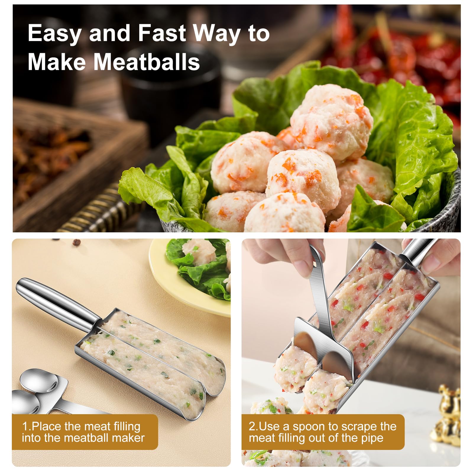 Stainless Steel Meatball Maker Tool - Double Scoop Ball Mold with Cutting Spoon for Easy Homemade Meatballs | Perfect for Kitchen, BBQ, Party & Meal Prep