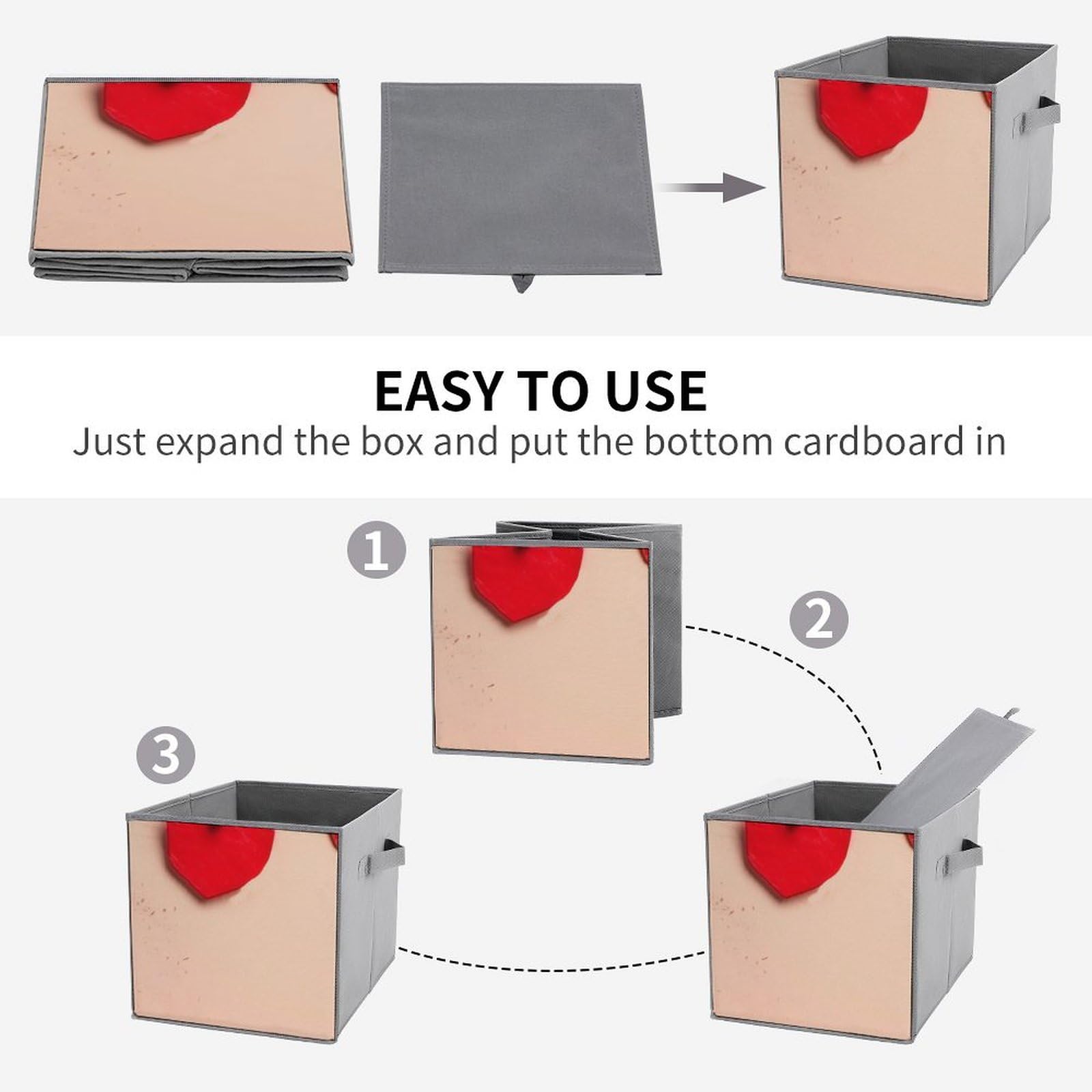 6-Pack Red Heart Paper Cut Collapsible Storage Bins with Handles - Large Closet Organizer Baskets for Clothes, Toys & Home Organization | Perfect for Bedroom, Nursery & Dorm Storage Solutions