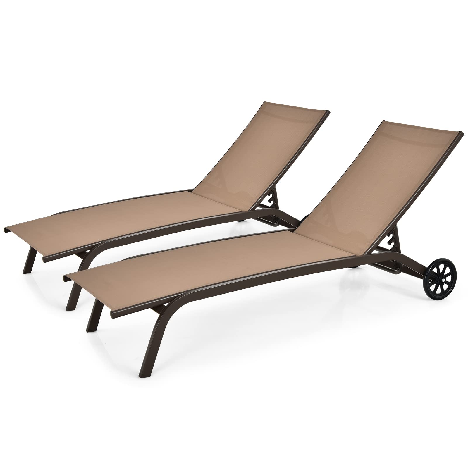 Tangkula Outdoor Chaise Lounge Chair - 6-Position Adjustable Patio Recliner with Breathable Fabric & Smooth Wheels - Brown (Set of 2) - Perfect for Poolside, Backyard, Garden Relaxation & Sunbathing