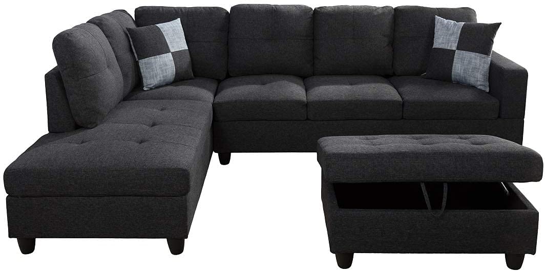 Reversible 3-Piece Sectional Sofa with Chaise & Storage Ottoman - Modern Living Room Couch in Black Grey (Left Hand Facing) | Perfect for Small Spaces, Apartments & Cozy Family Gatherings