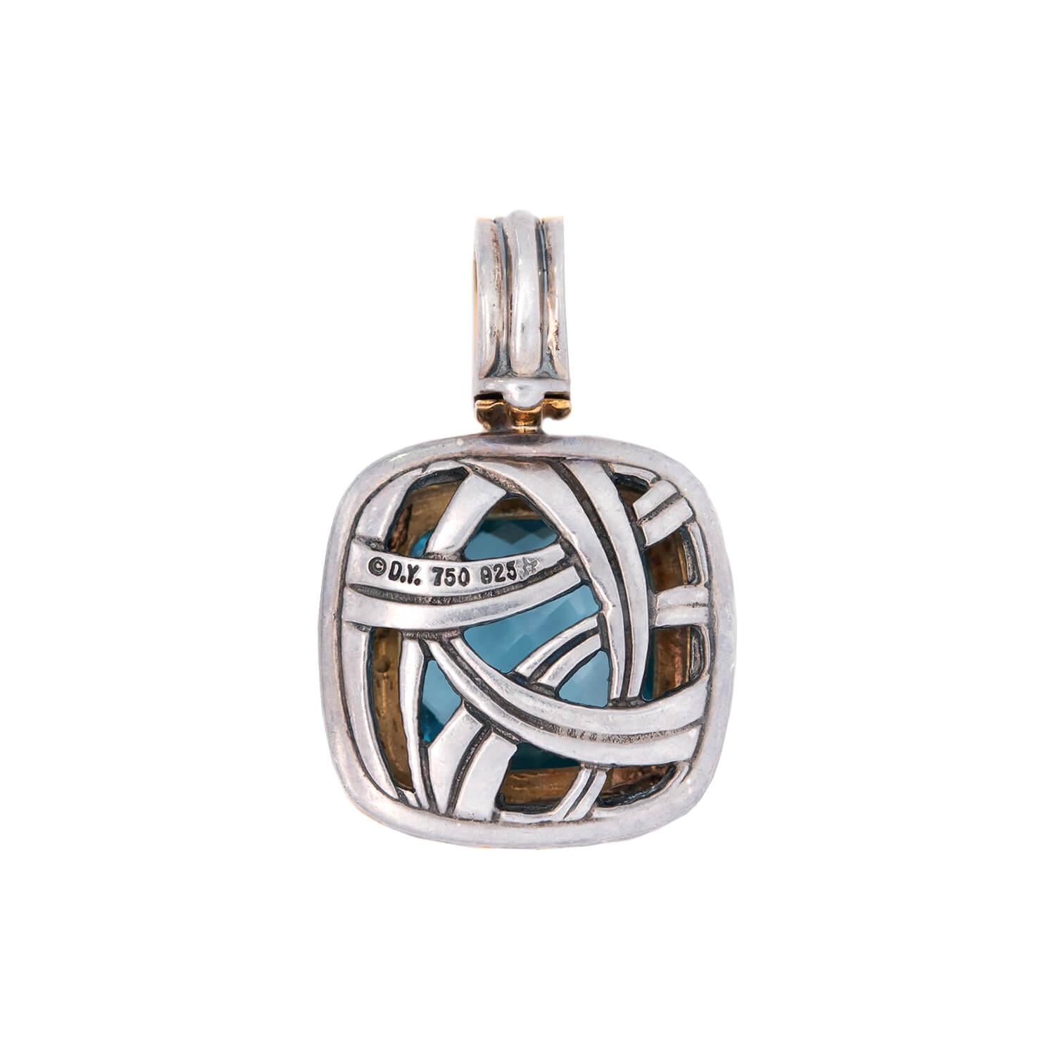 DAVID YURMAN Estate 18K Gold & Sterling Silver Blue Topaz Pendant Necklace - Elegant Jewelry Gift for Women, Perfect for Weddings & Special Occasions