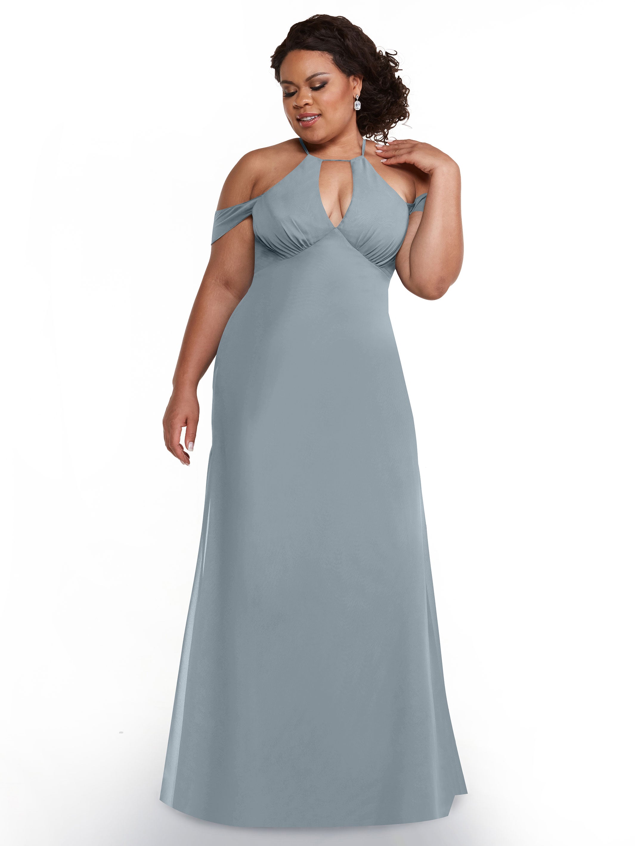 Elegant Off The Shoulder Chiffon Bridesmaid Dress with Halter Neckline - Perfect for Weddings, Formal Events & Special Occasions