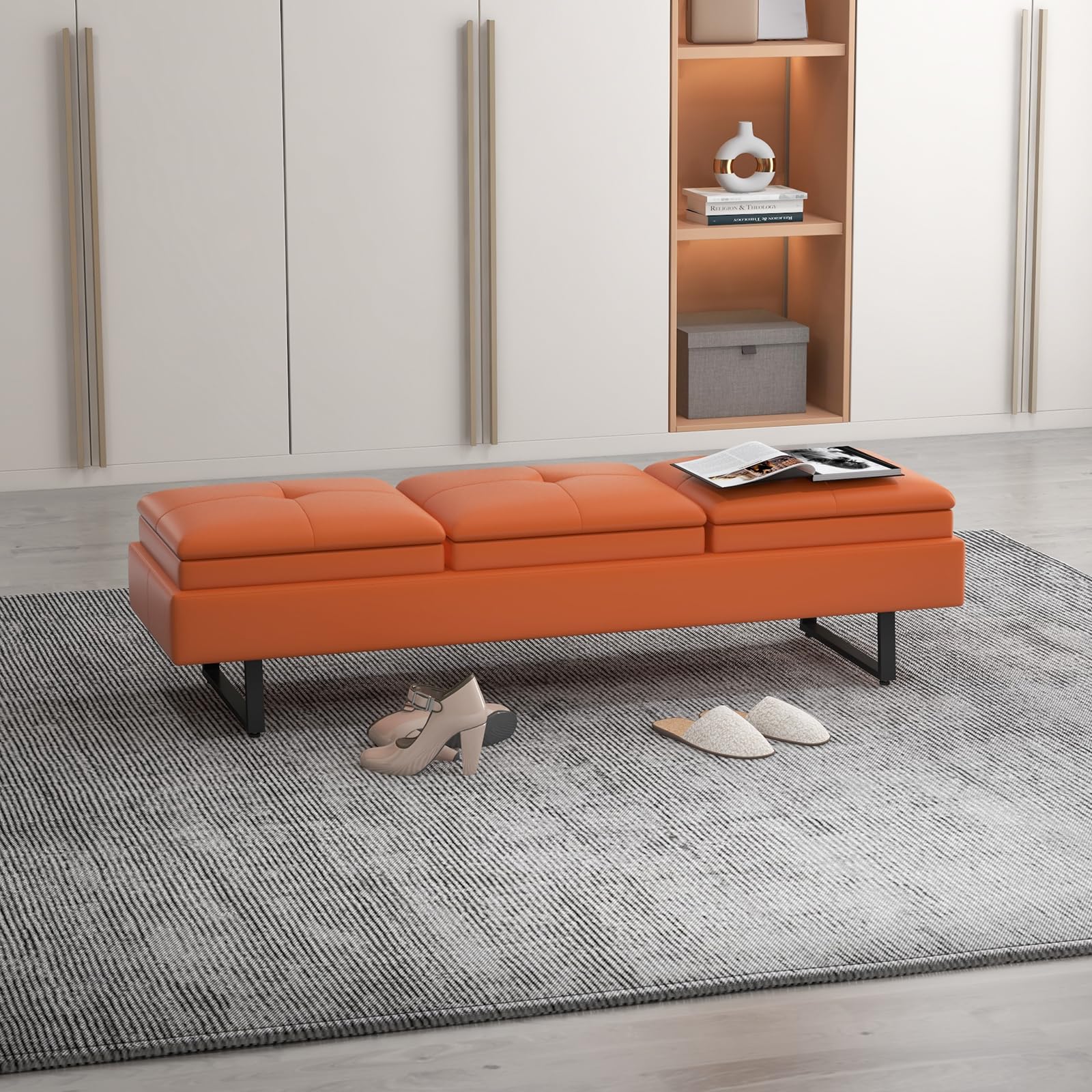 Modern Reception Chairs 3-Seat Waiting Room Bench with Thickened Cushion - PU Leather Entryway Sofa for Office, Salon & Lobby - Comfortable Seating Solution for Waiting Areas, Living Rooms & Commercial Spaces (Orange)