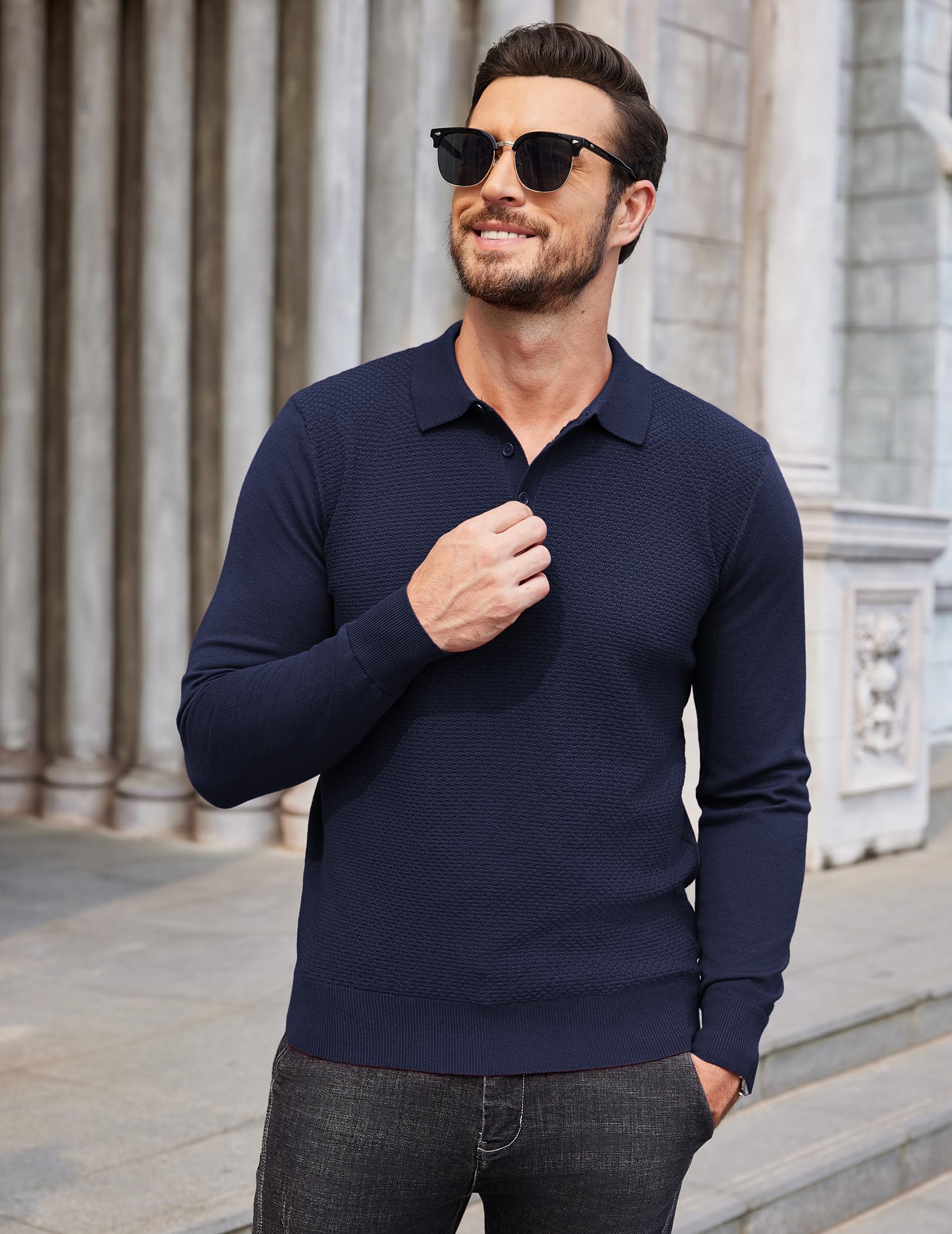 COOFANDY Men's Long Sleeve Knit Polo Sweater - Casual Quarter Button Collared Golf Pullover with Waffle Texture | Perfect for Golfing, Office Wear & Fall Layering