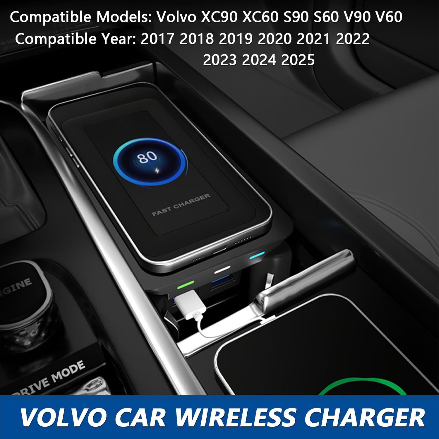 Volvo XC90 XC60 S90 S60 V90 V60 Wireless Car Charger (2017-2022 Models) - 15W Qi Fast Charging Pad | Compatible with Volvo Hybrid SPA Accessories | Perfect for Commuting, Road Trips & Daily Driving