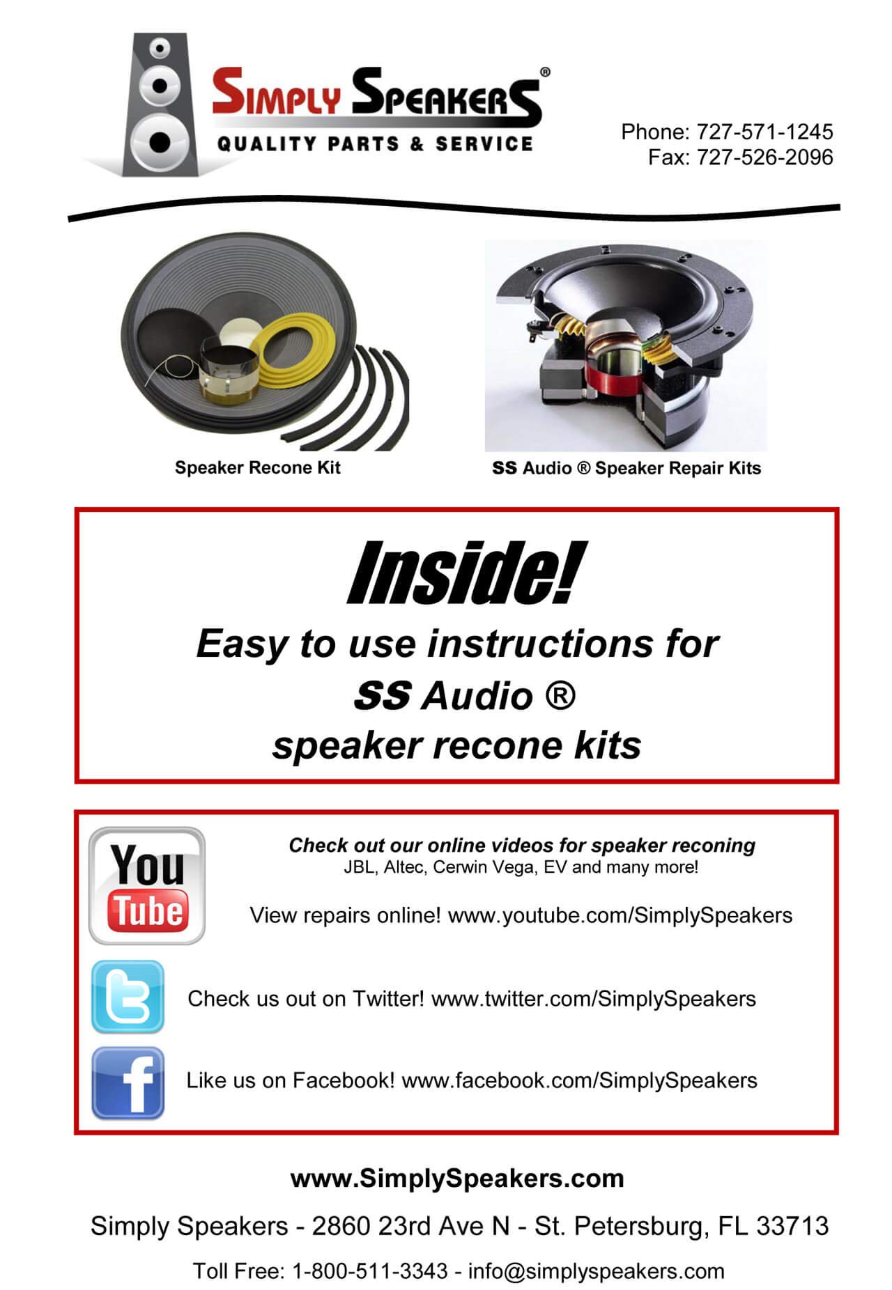 SS Audio 10 Inch SWR Bass Recone Kit for Goliath, Eden, PAS - 8 Ohms (RK-SWR10) | Perfect for Bass Amp Repair & Speaker Restoration