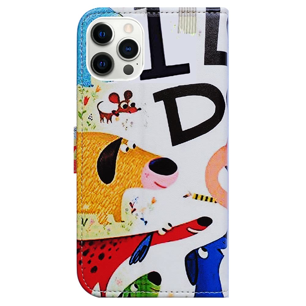 Premium Cute Dogs Leather Flip Wallet Case for iPhone 13 Pro Max - Card Slot Holder & Kickstand | Stylish Protective Cover for Work, Travel & Everyday Use