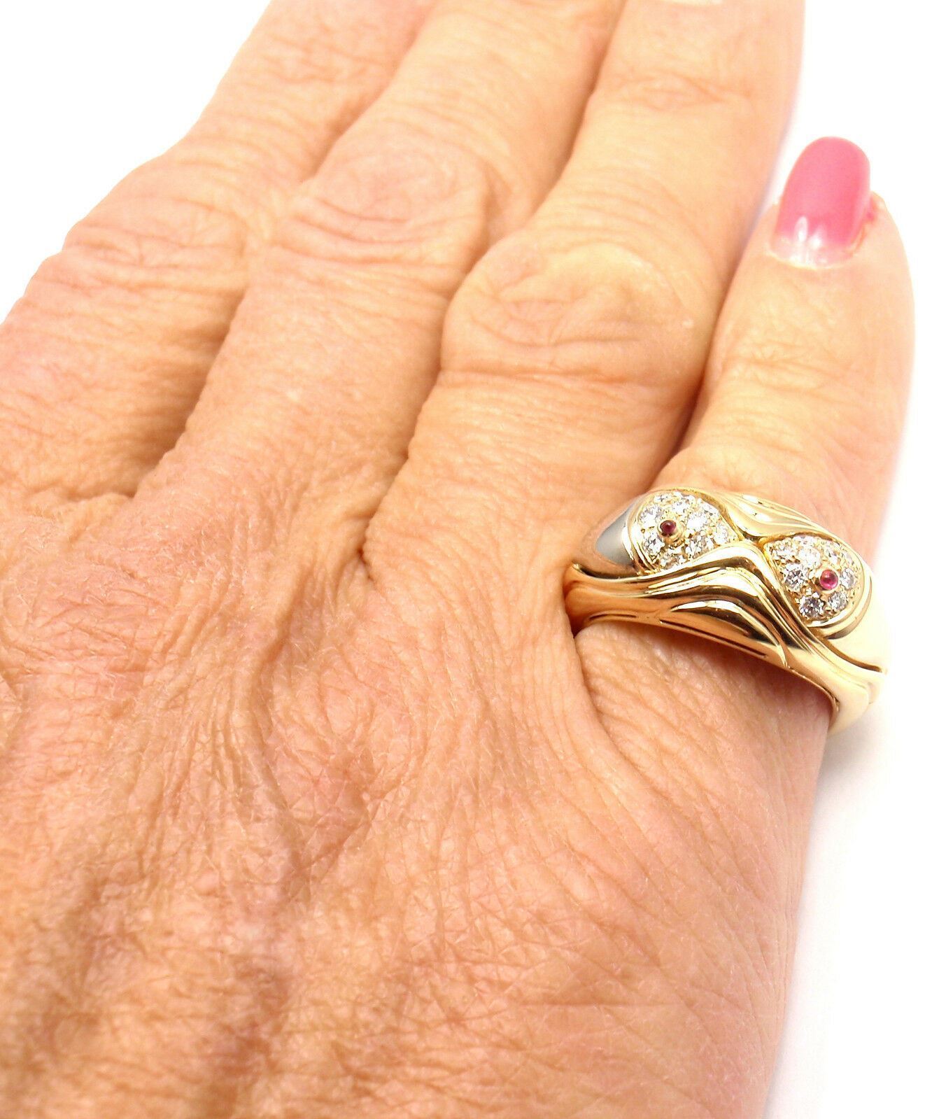 Authentic Bulgari Bvlgari 18k Yellow Gold Diamond Ruby Naturalia Fish Band Ring for Women - Luxury Statement Jewelry for Parties, Weddings & Special Occasions