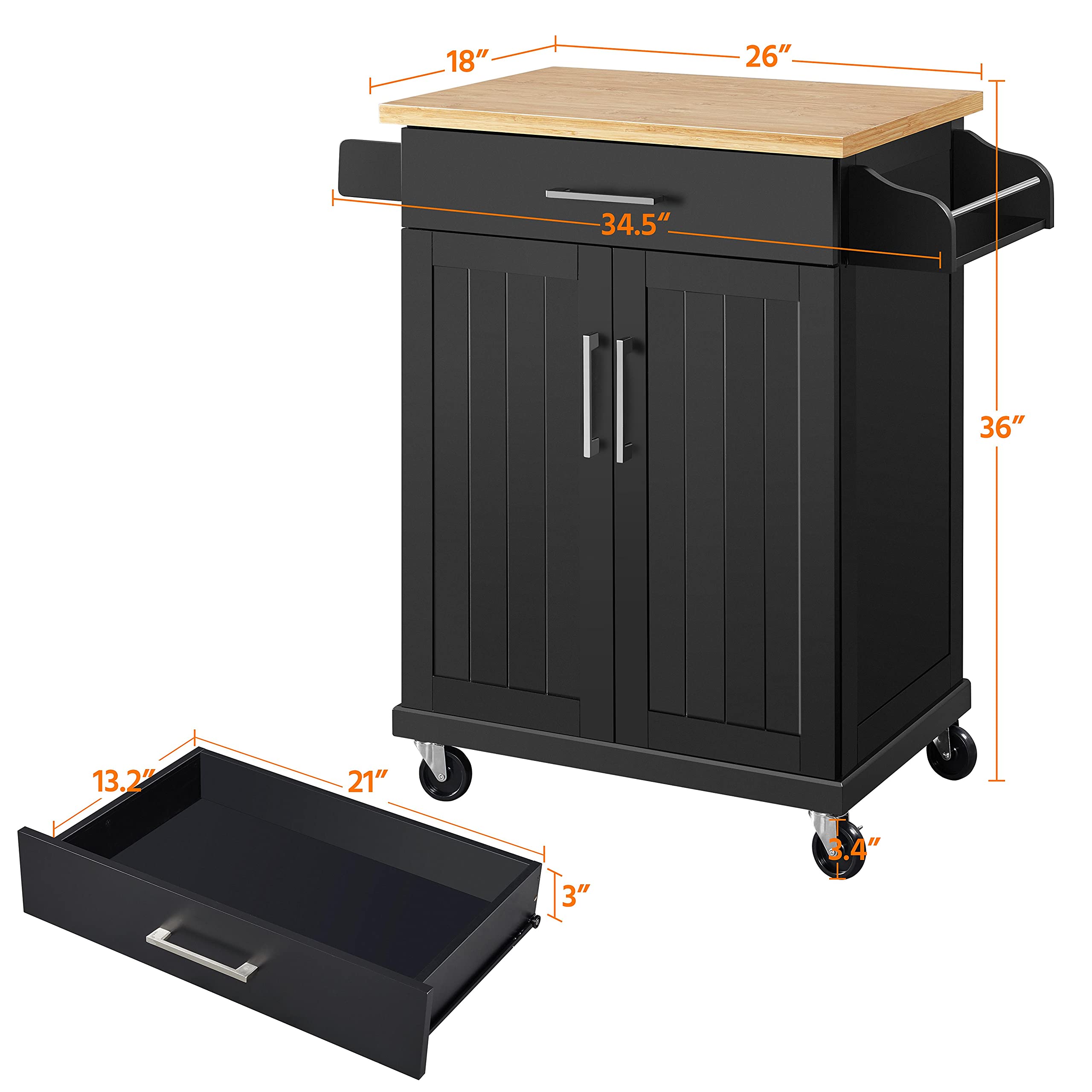 Topeakmart 26x18x36 Inches Kitchen Island Cart on Wheels with Storage Cabinet, Drawer, Spice Rack & Towel Bar - Mobile Kitchen Trolley for Dining Room, Small Space & Apartment Cooking - Black