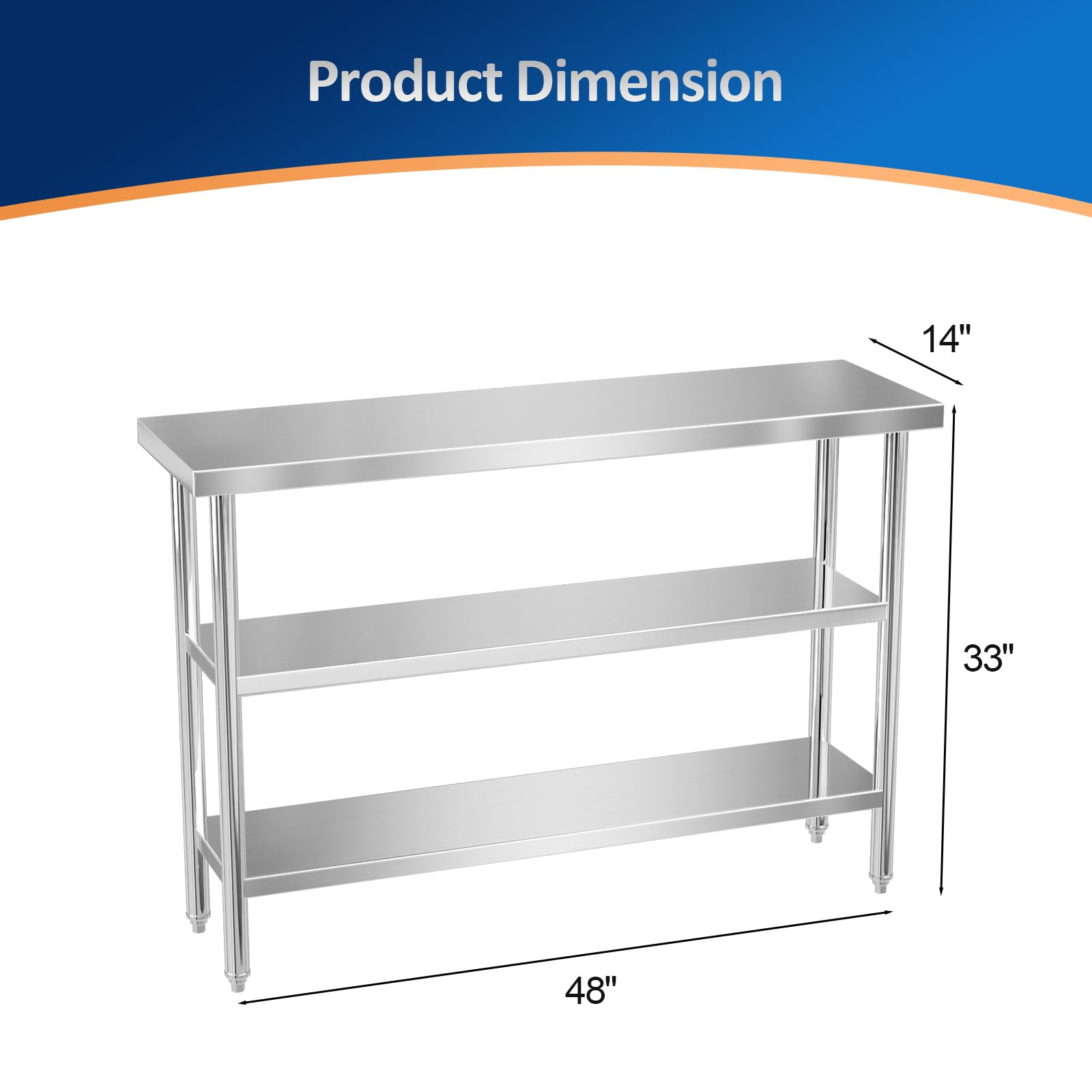 ROVSUN 48x14 Inch NSF Certified Stainless Steel Commercial Prep Table with 2 Shelves - Heavy Duty Metal Work Table for Kitchen, Restaurant, Home, Hotel & Garage - Perfect for Food Prep, Storage & Workspaces