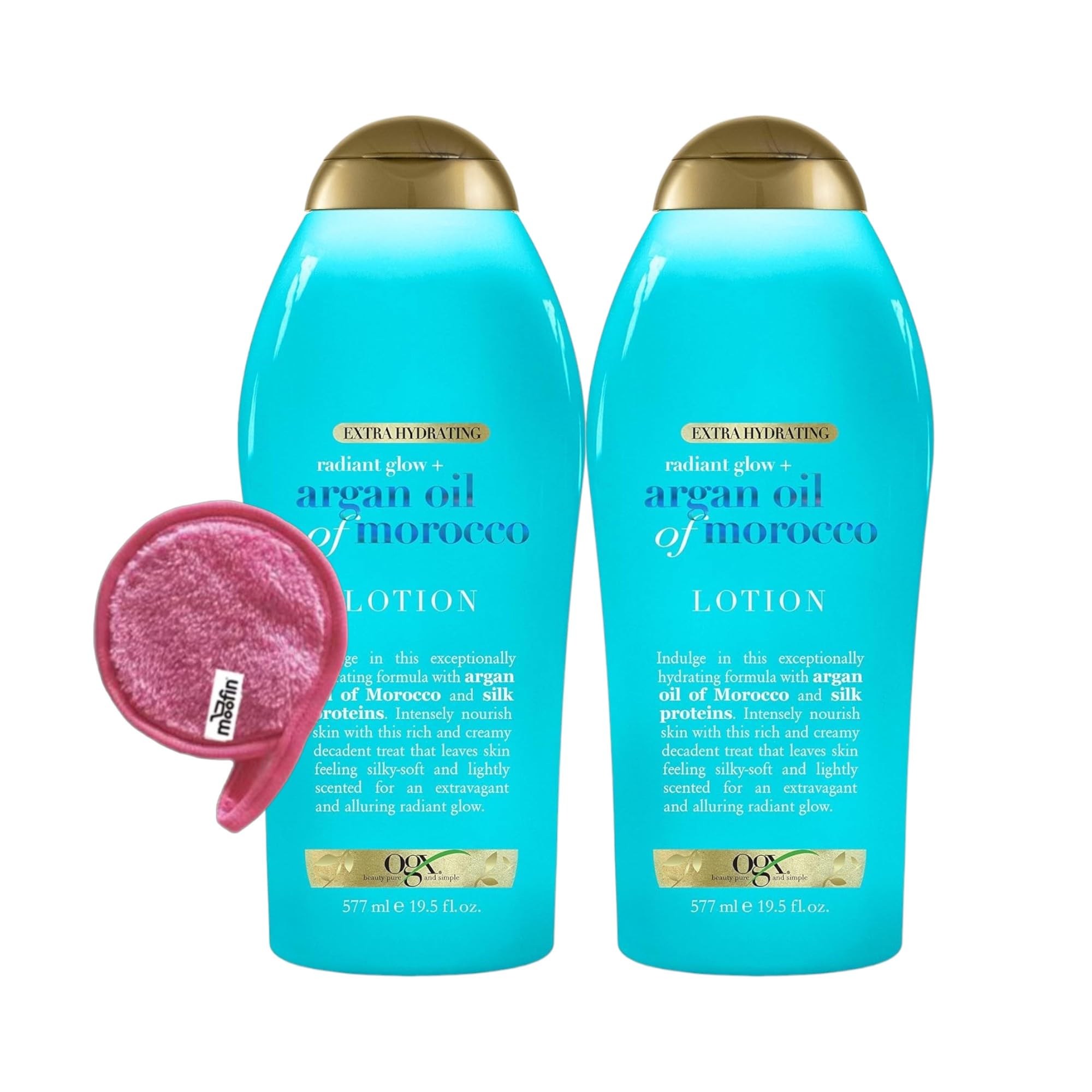 Radiant Glow + Argan Oil of Morocco Hydrating Body Lotion, 19.5 Fl Oz - Bundle with Makeup Cleansing Cloth | Deeply Moisturizing & Quick Absorb Cream for Soft, Smooth Skin | Pack of 2 | Perfect for Daily Skincare Routine & Post-Shower Hydration
