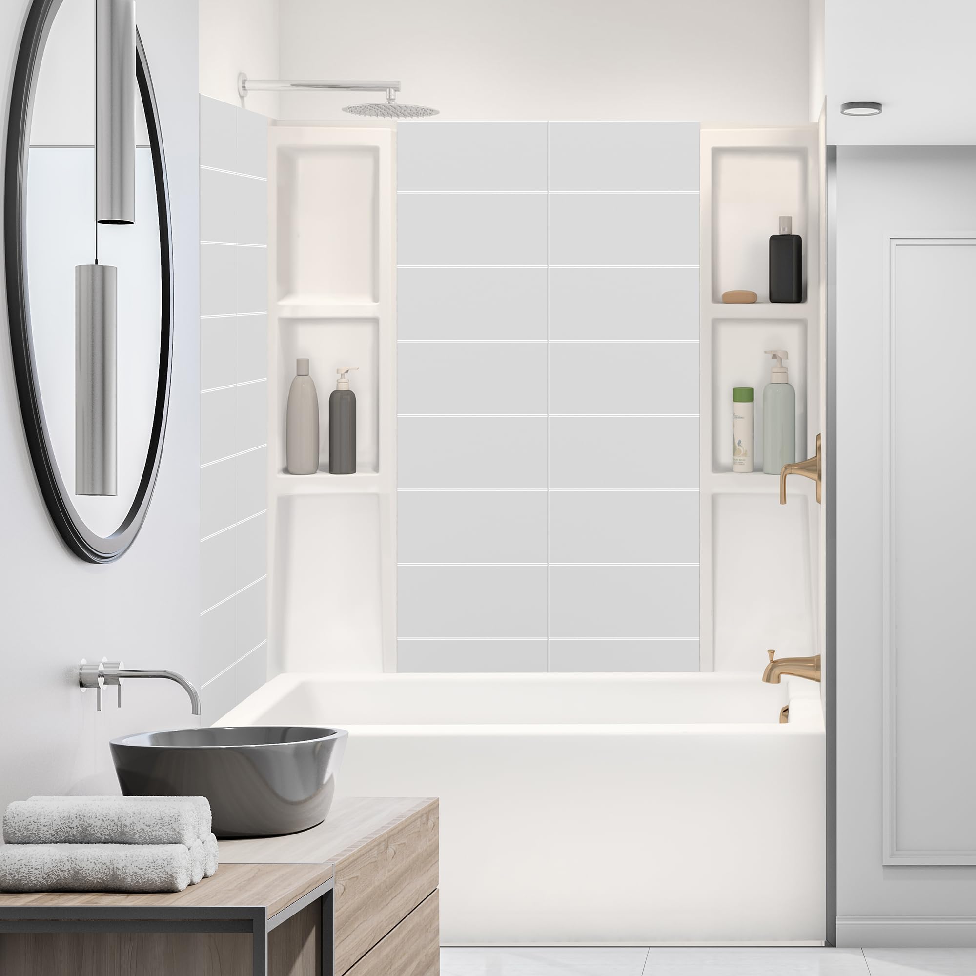White Acrylic Bathtub Wall Surround Panels - Waterproof, Easy-to-Install Kit with 2 Shelf Units (Stacked Tiles Pattern, Classic Shelves) 58