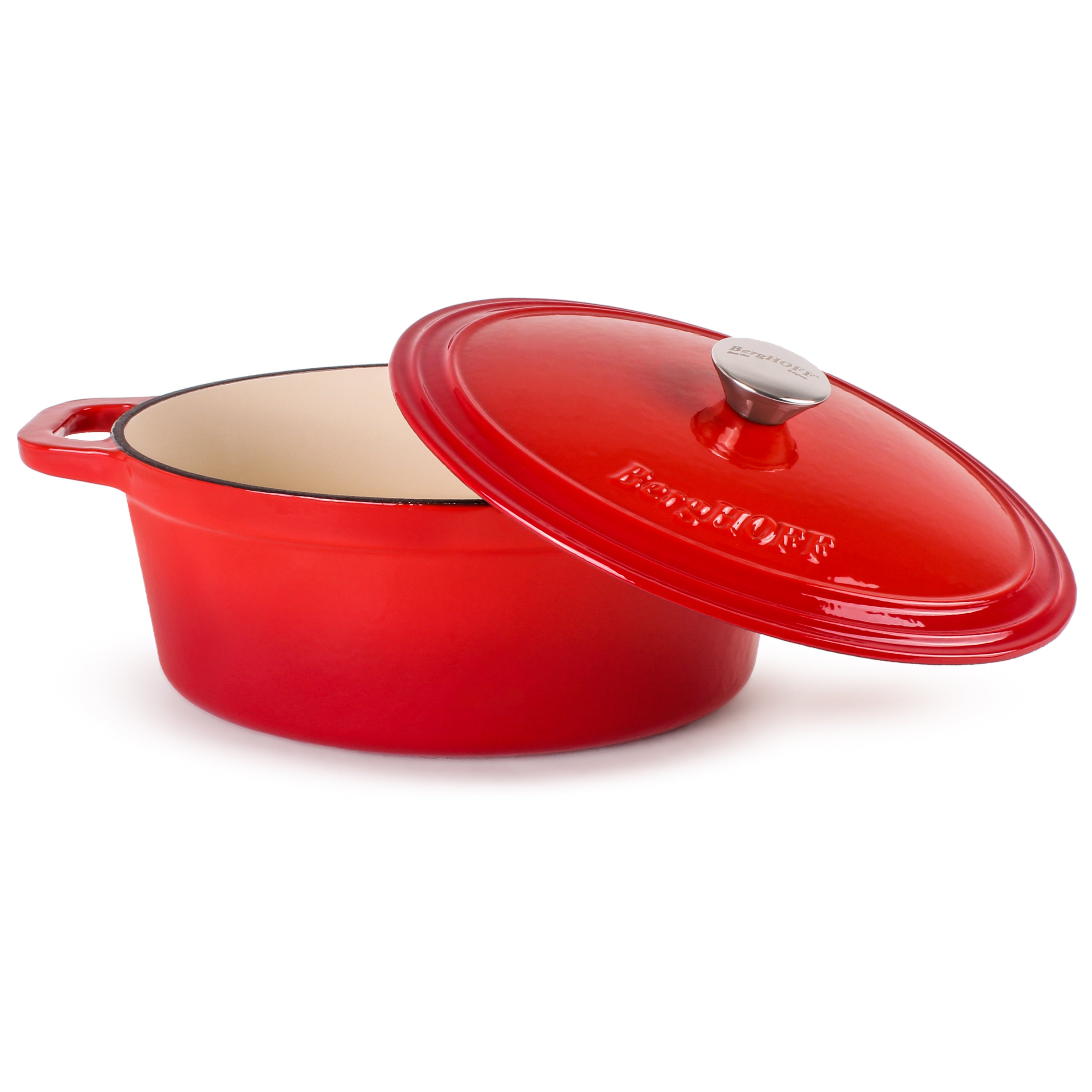 BergHOFF Neo 4-Piece Cast Iron Cookware Set - Grill Pan, Fry Pan & Oval Dutch Oven in Red | Durable Kitchen Essentials for Grilling, Frying & Braising | Perfect for Stovetop, Oven & Outdoor Cooking