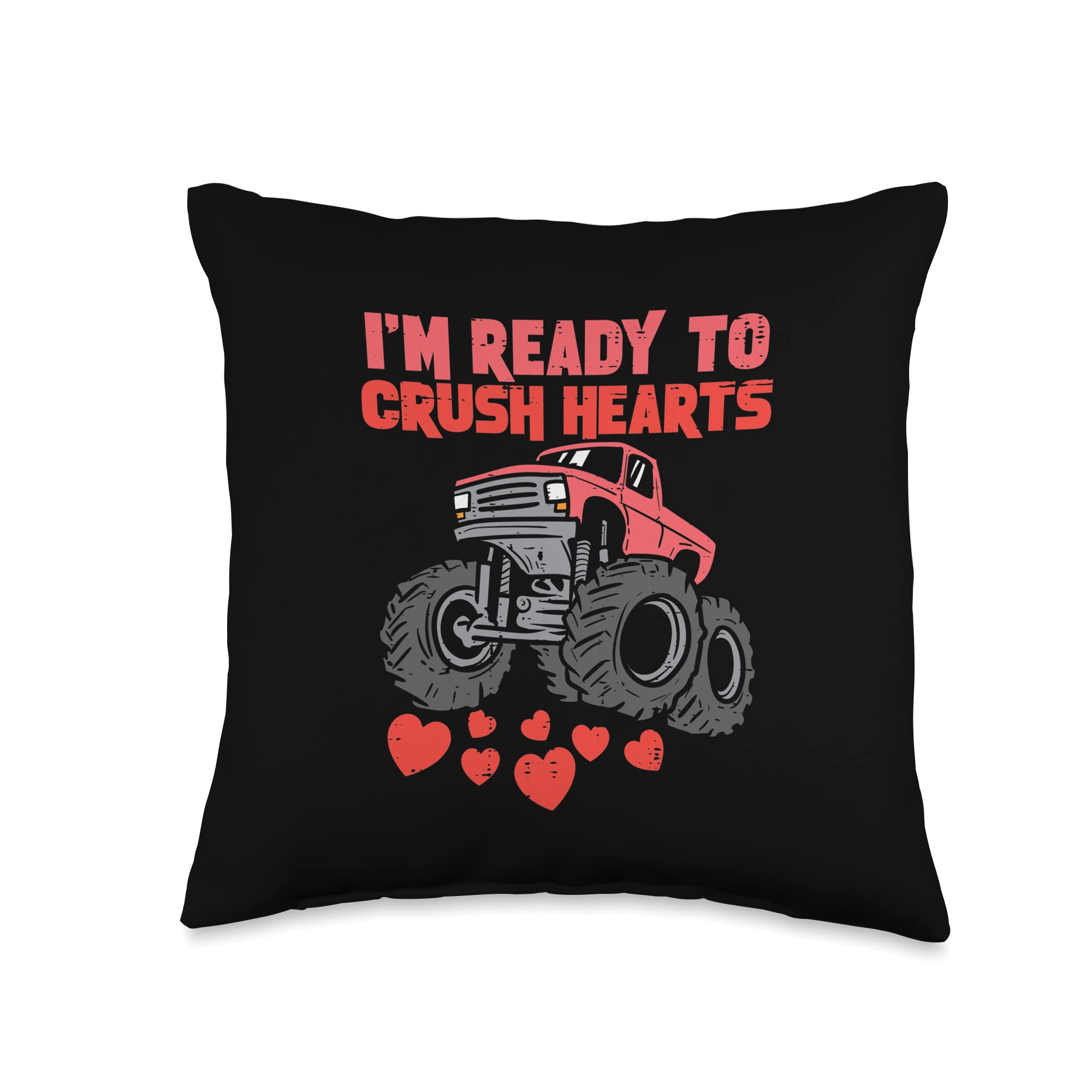Ready to Crush Hearts Monster Truck Boys Valentine's Day Throw Pillow - 16x16 Inches Multicolor Decor for Kids Room, Nursery & Valentine's Gift