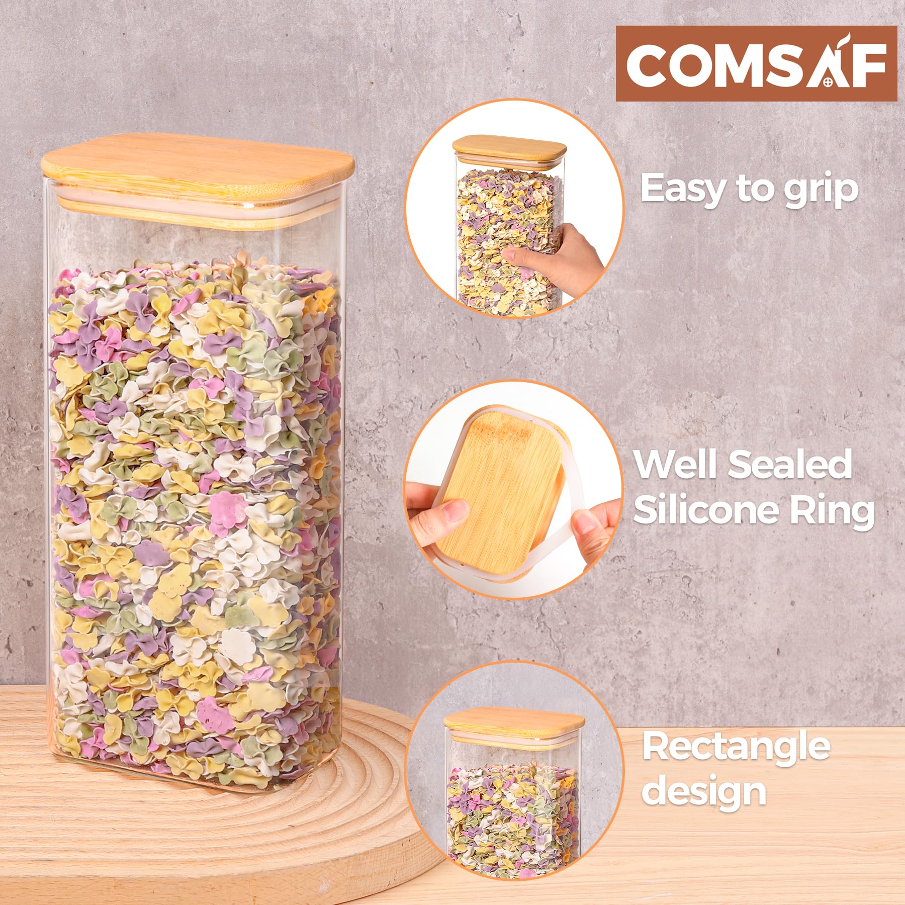 ComSaf 63oz Rectangle Glass Food Storage Containers with Bamboo Lids - Set of 3 Airtight Pantry Organizers for Flour, Pasta, Coffee Beans - Perfect for Kitchen, Baking & Meal Prep Organization