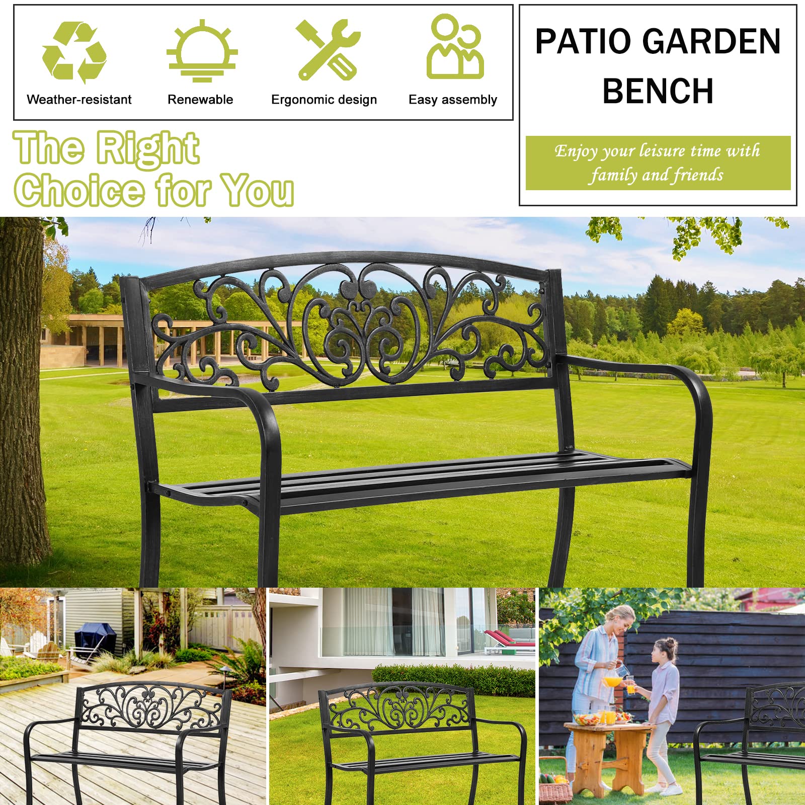 500 LB Heavy Duty Garden Bench for 2-3 People - Durable Outdoor Patio Bench with Armrests - Comfortable Black Seating for Park, Yard, Deck & Entryway - Perfect for Relaxing in Gardens, Backyards & Outdoor Spaces