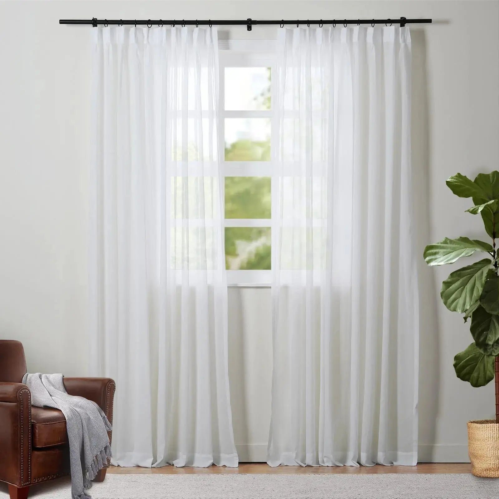 Florida Embossed White Semi-Sheer Pleated Curtains - Elegant Window Treatment for Living Room & Bedroom