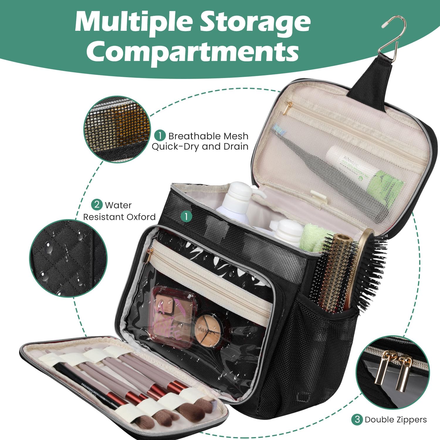 Waterproof Hanging Toiletry Bag for Women - Travel Cosmetic Organizer with Large Capacity for Full-Sized Bottles | Perfect for Travel, College Dorm, Gym & Bathroom Storage (Black)