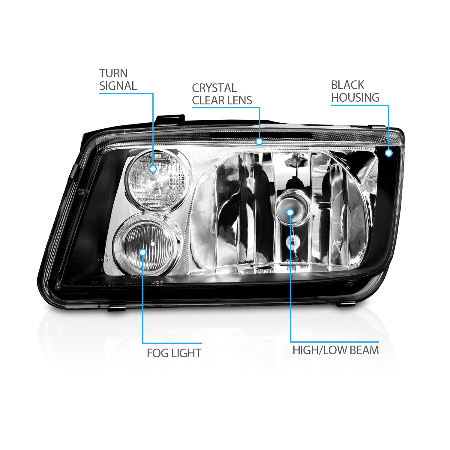AmeriLite Black Housing Headlights & Fog Lights Pair for 1999-2005 Volkswagen Jetta - Driver & Passenger Side - Upgrade Your Night Driving Visibility