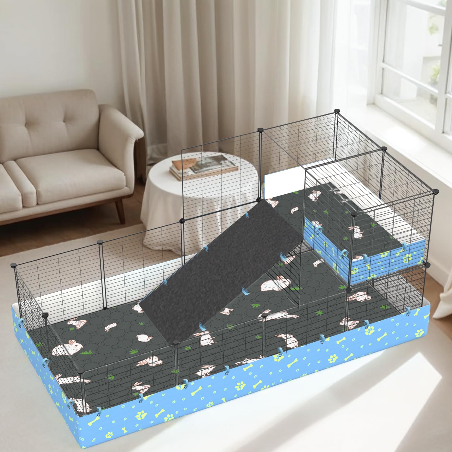 Premium Loft Guinea Pig Cage Set with Waterproof Tarp, Soft Bedding & Washable Pee Pads - Complete Habitat Solution for Small Pets - Perfect for Indoor Playpens, Rabbit Hutches & Hamster Homes