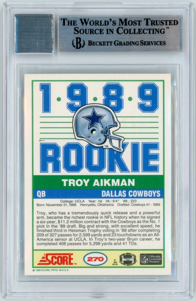 Troy Aikman 1989 Score Football Autograph Auto Rookie Card #270 BAS 10 Graded - Dallas Cowboys Legend Collectible for Sports Memorabilia Fans and NFL Enthusiasts - Perfect for Display, Investment, and Gift Giving