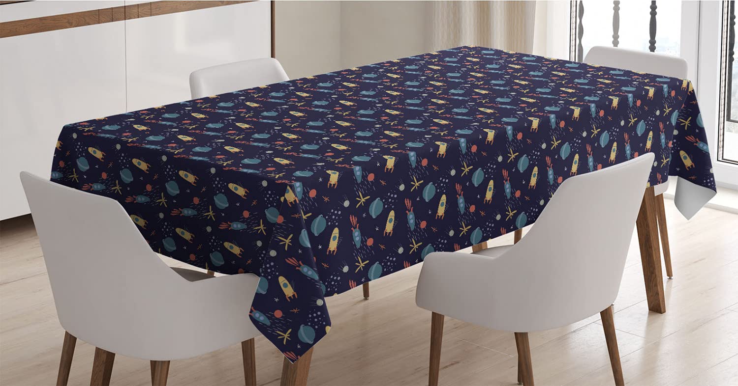 Ambesonne Alien Themed Tablecloth - Soft Tone Star Rocket Planet Design - 60