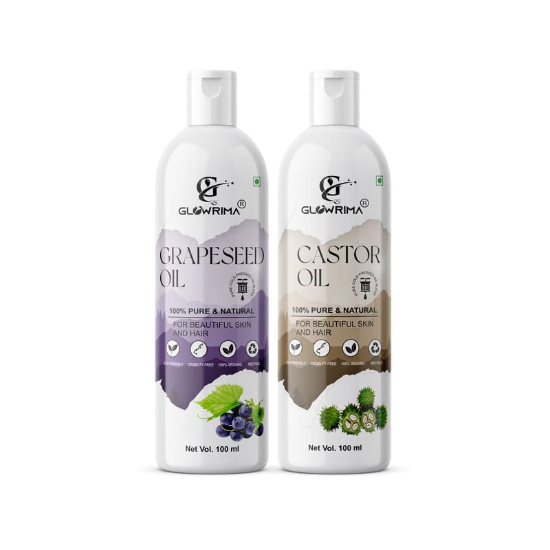 Glowrima 100% Pure Grapeseed Oil & Castor Oil Combo (100ML Each) - Natural Hair Growth Treatment for Thicker, Stronger Hair | Reduces Hair Fall & Split Ends | Promotes Soft, Shiny Hair | Perfect for Daily Hair Care & Scalp Massage (Pack of 2)