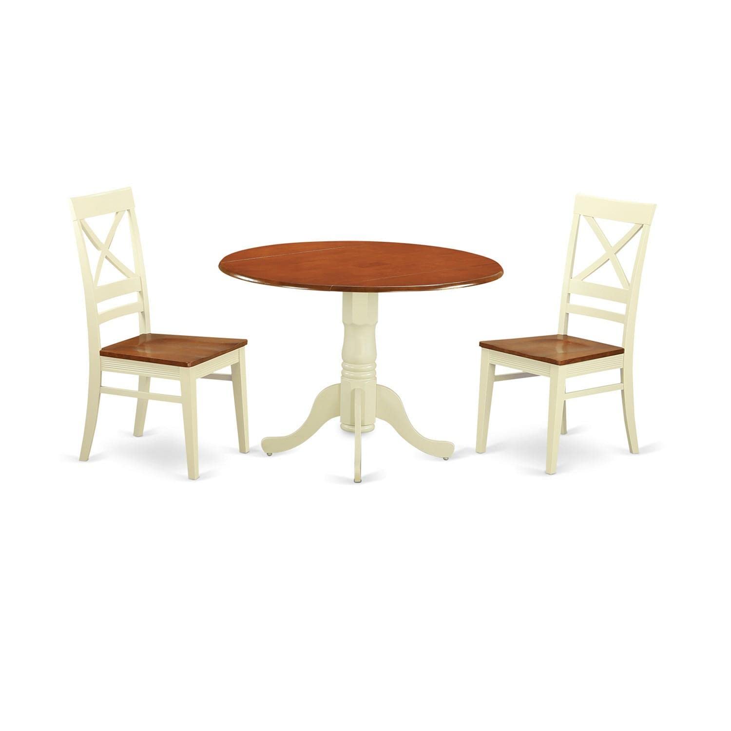 East West Furniture DLQU3-BMK-W 3-Piece Dining Room Set - Round Drop-Leaf Kitchen Table & 2 Chairs, 42x42 Inch, Buttermilk & Cherry - Perfect for Small Spaces, Breakfast Nooks & Cozy Apartments
