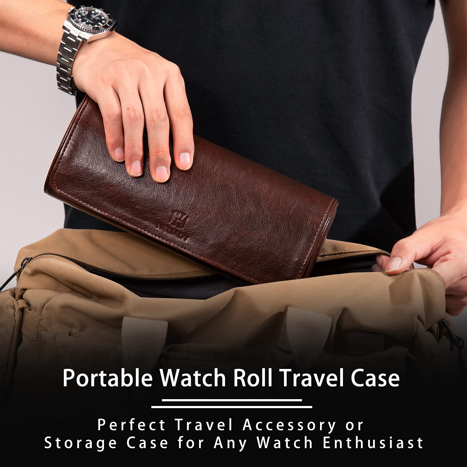 Premium 3-Slot Watch Roll Travel Case for Men - Leather Watch Storage & Display Organizer Fits All Wristwatches & Smartwatches Up to 50mm (Dark Brown) - Perfect for Travel, Business Trips & Watch Collection Storage