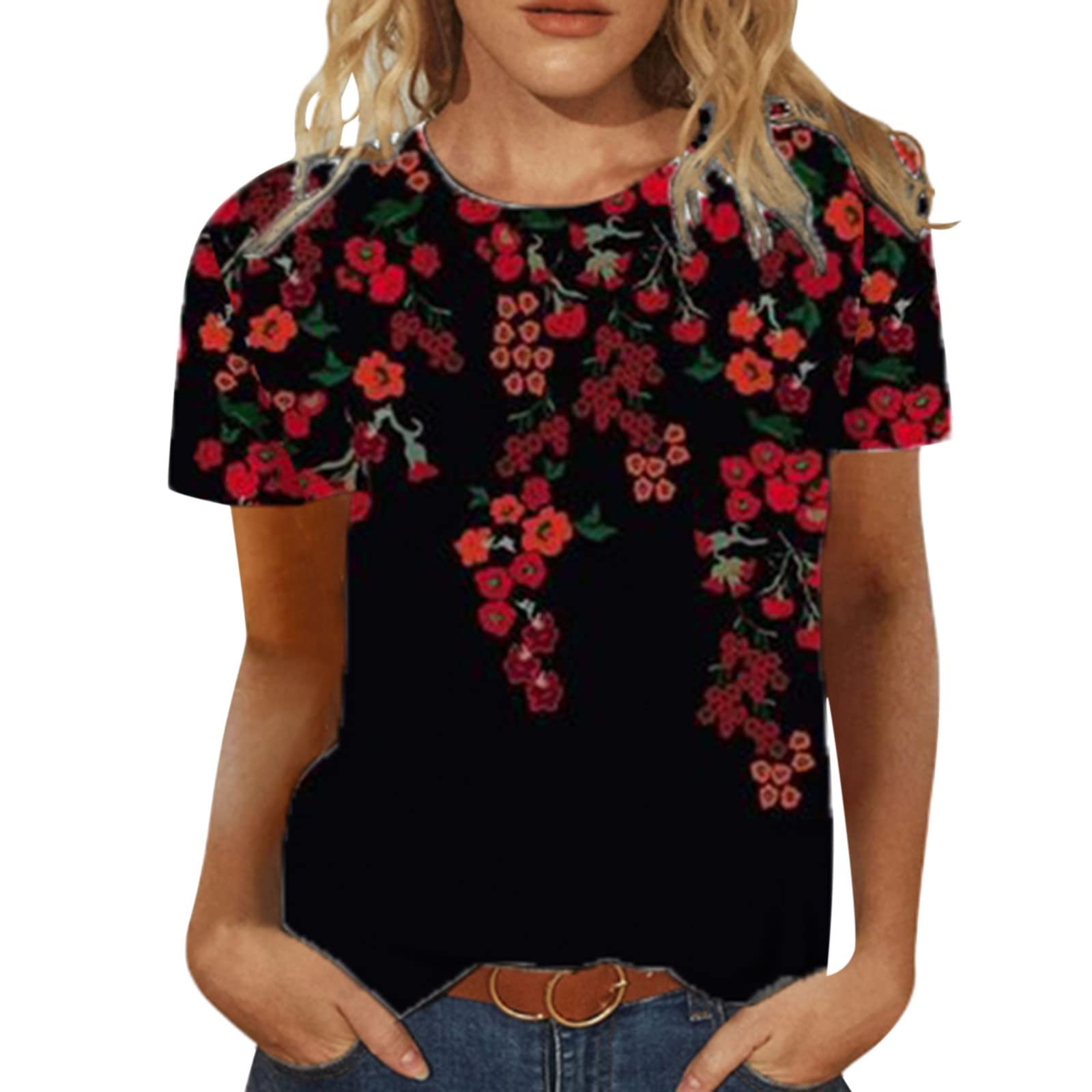 Women's Floral Print Short Sleeve T-Shirt - Soft Round Neck Loose Fit Tunic Top for Summer | Casual Comfort Wear for Outings, Beach & Everyday Style