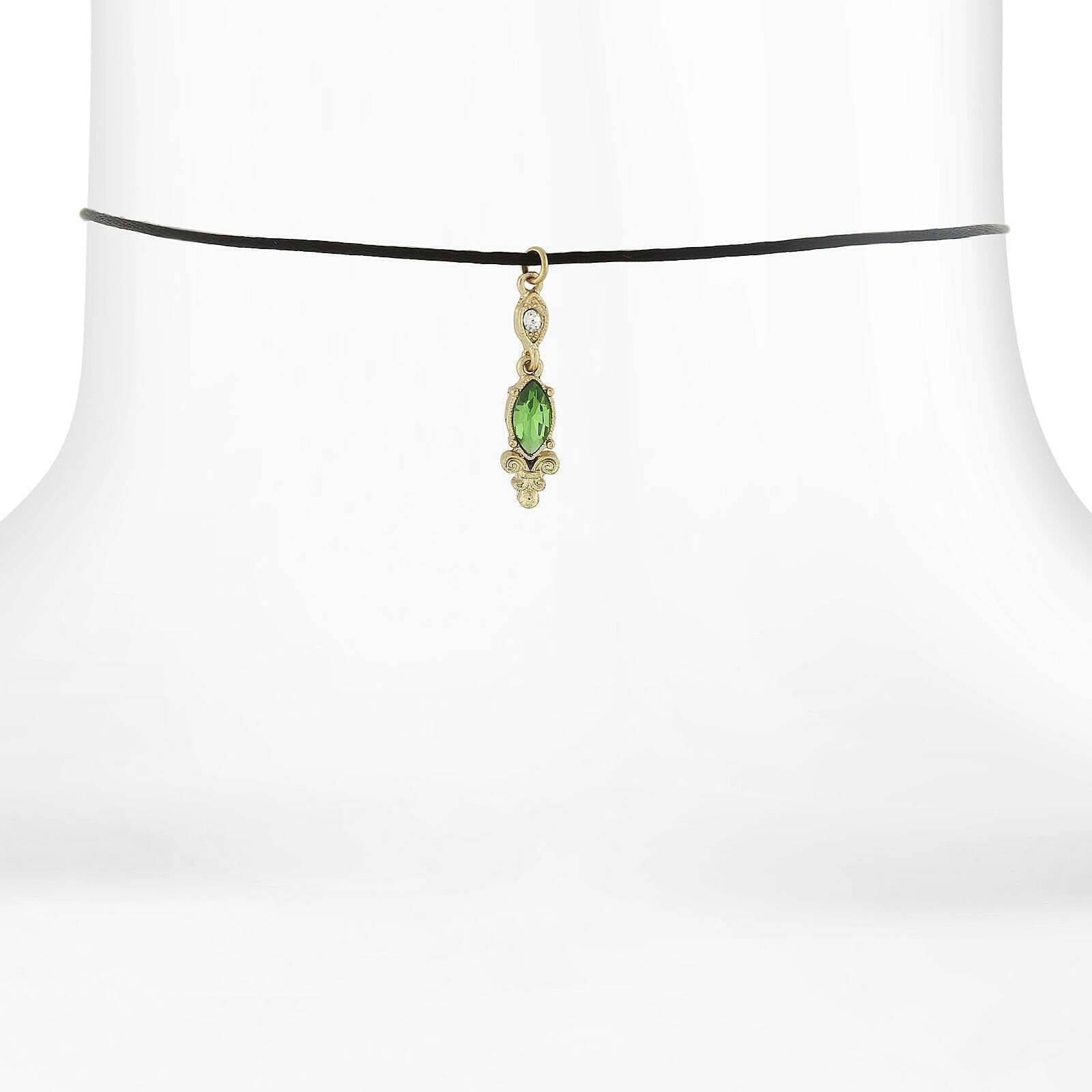 1928 Jewelry Black Choker Necklace with Navette Green Crystal Pendant - 14